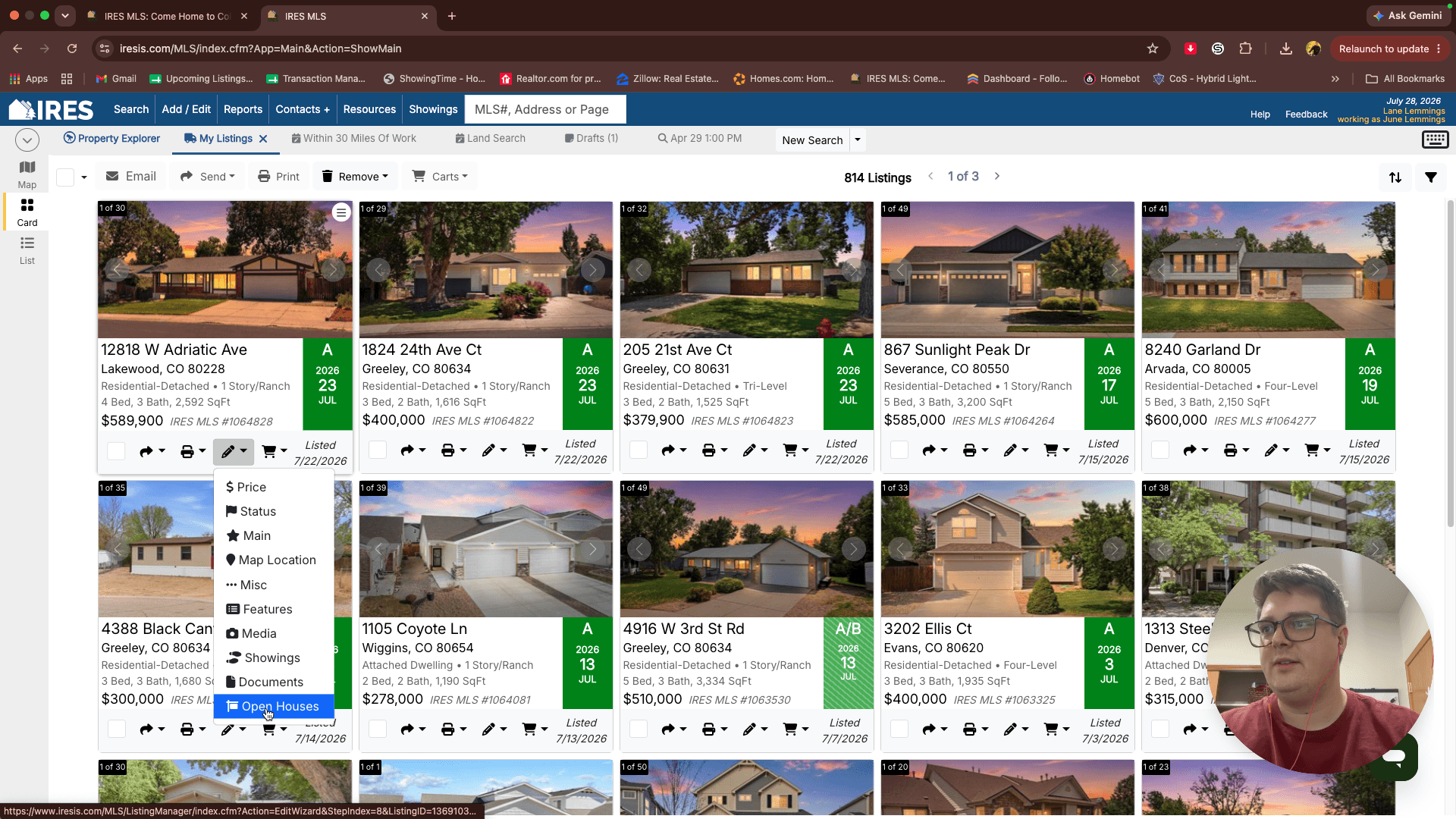 Step #8: Click the edit (pencil) icon on the property you want to schedule and select Open Houses from the dropdown.