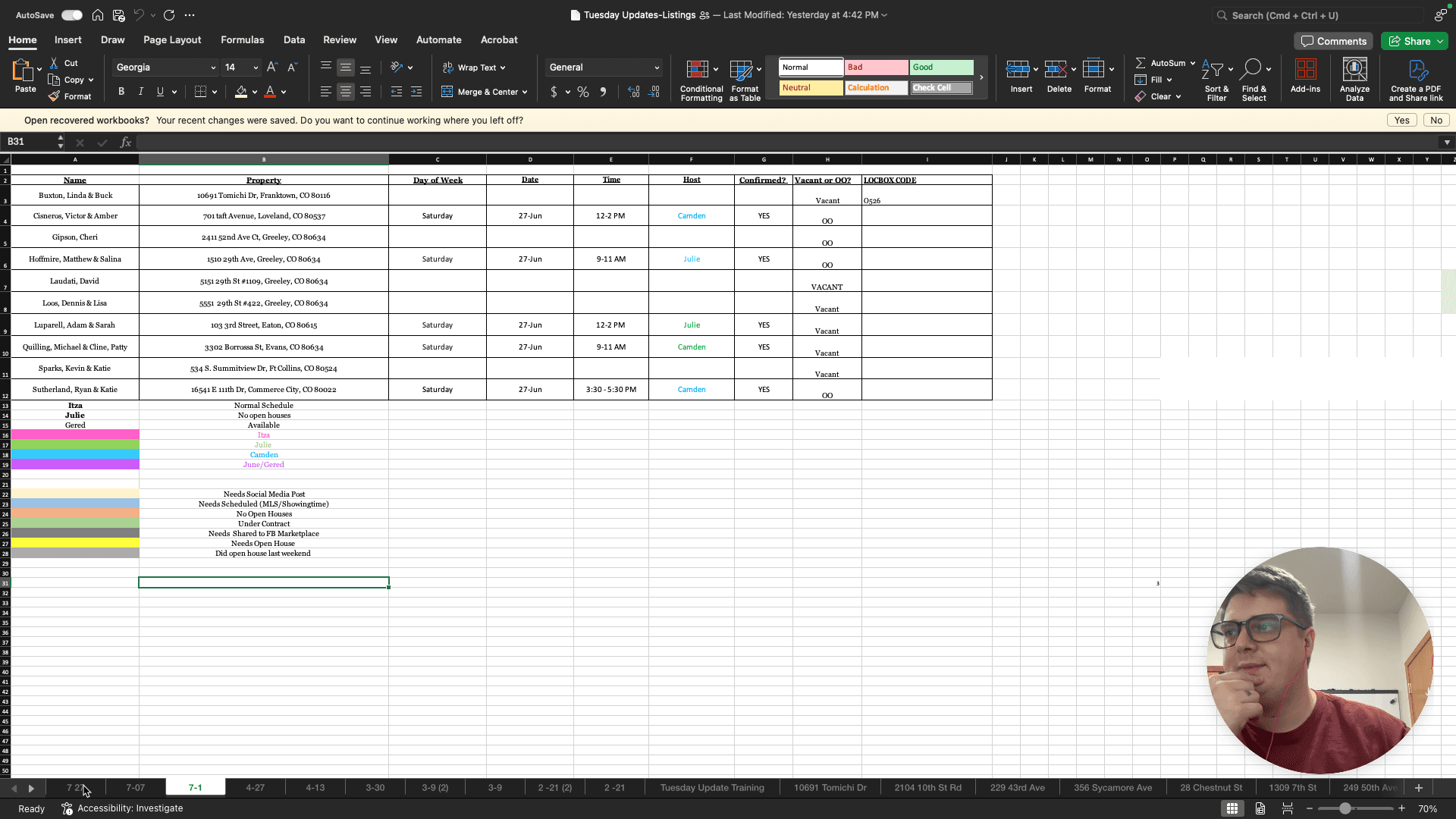 Step #1: Open the Tuesday Updates-Listings spreadsheet in Excel and click the worksheet tab for the upcoming weekend to locate confirmed open houses.