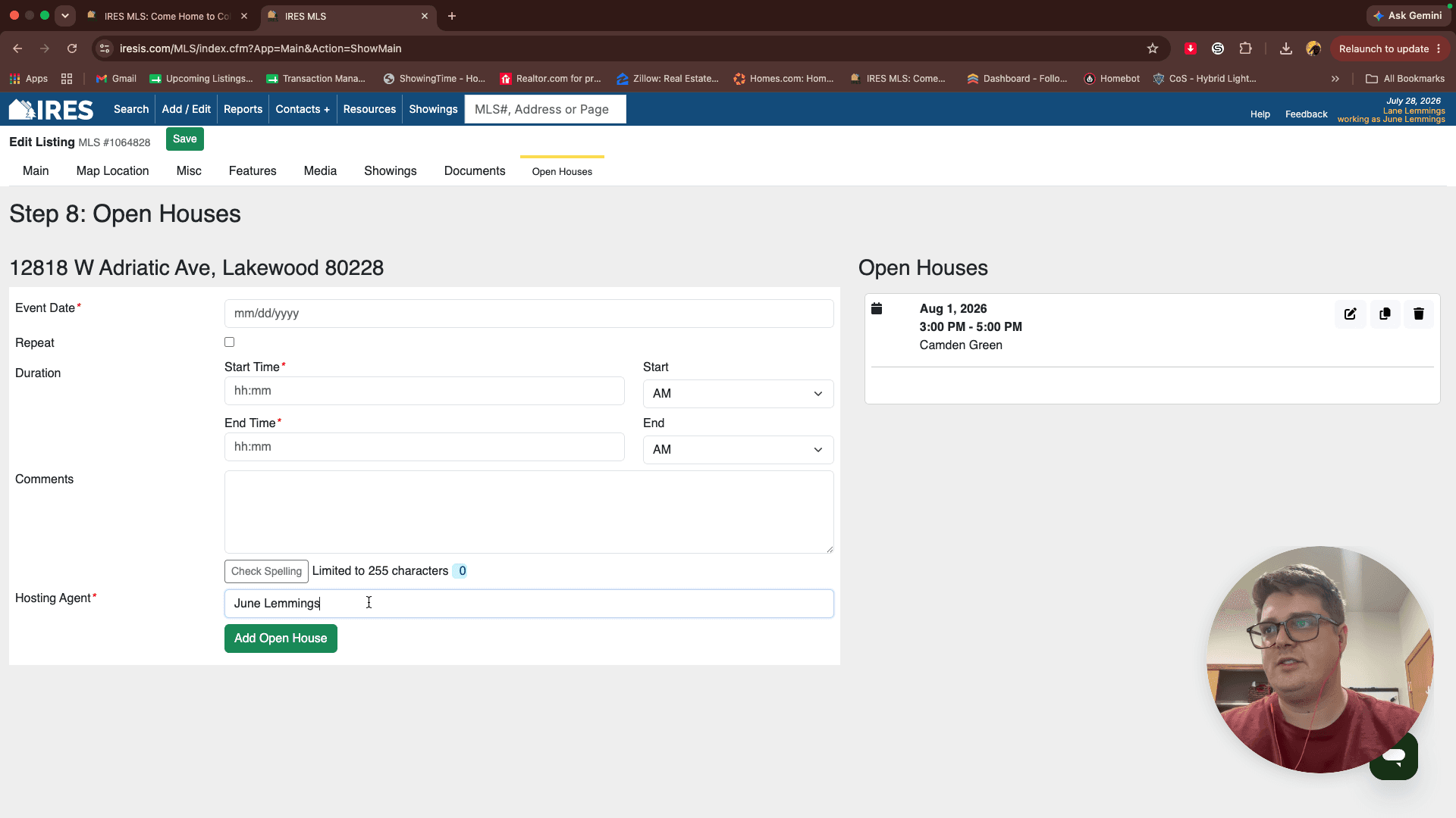 Step #9: Input the event date, start time, end time (checking AM/PM), and type the name of the hosting agent.