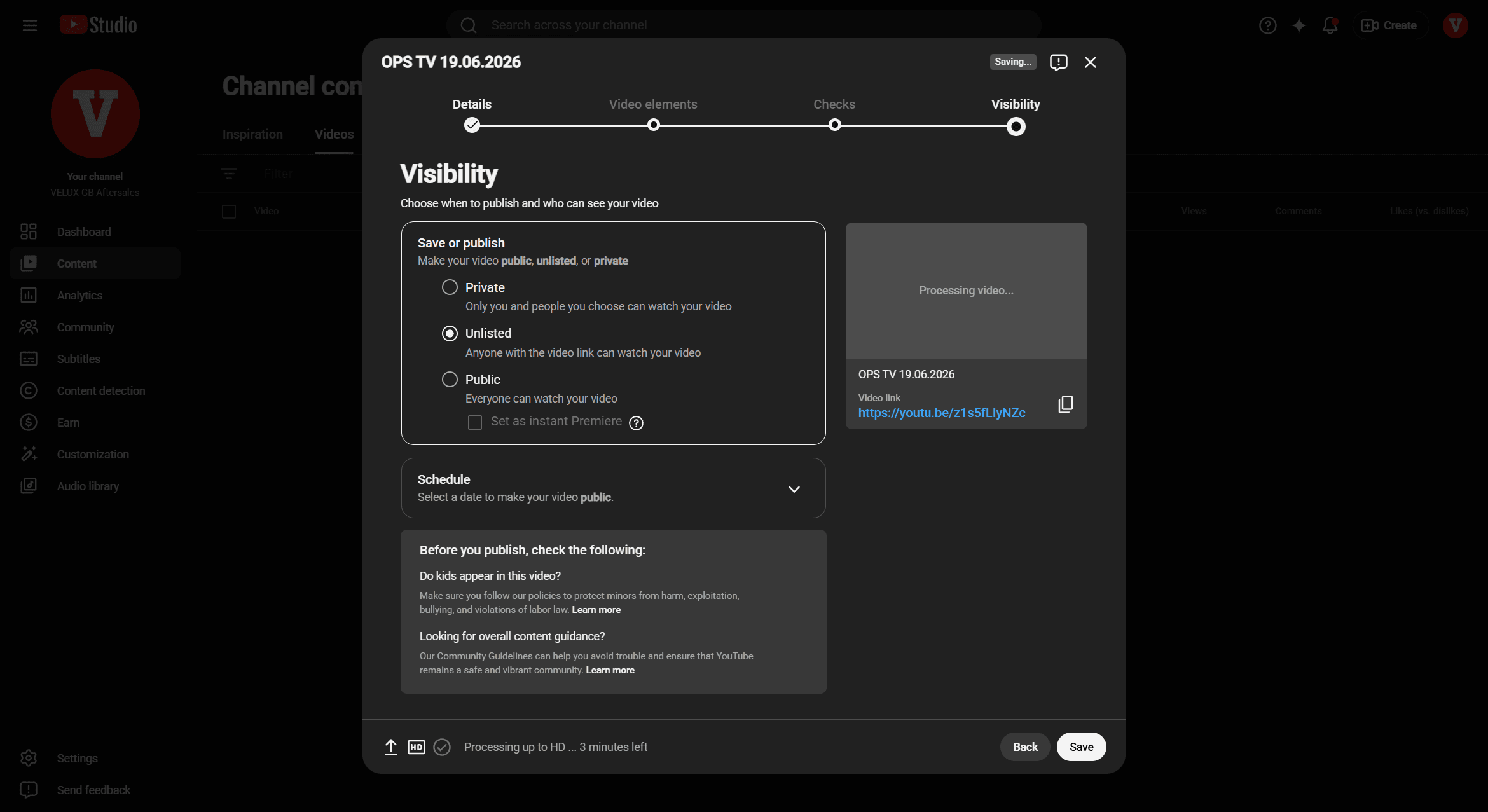 Step #10: In the Visibility tab, select Unlisted (or your preferred visibility setting).