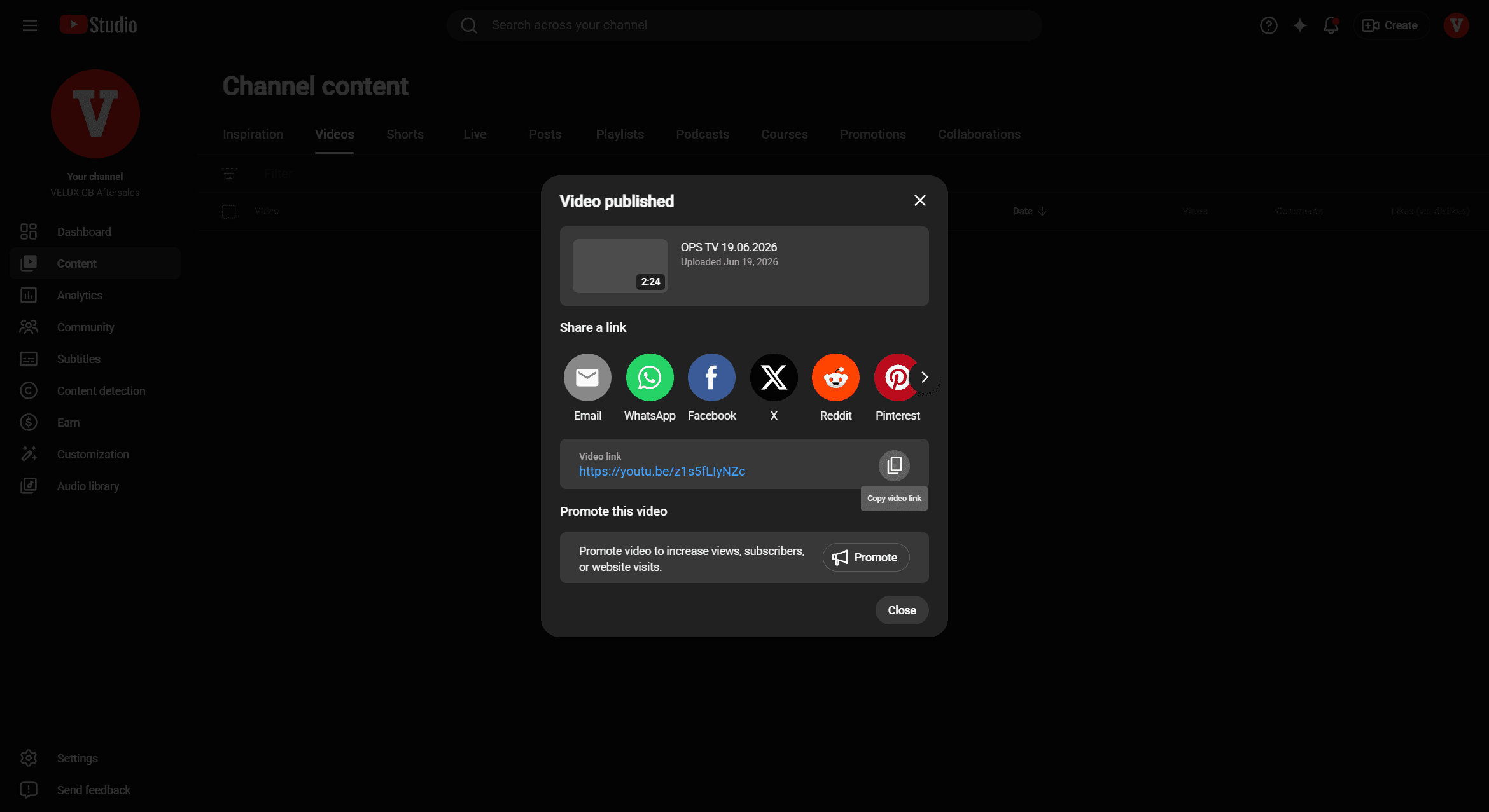Step #12: Once the confirmation modal appears, you can optionally copy the video link again before closing the window.