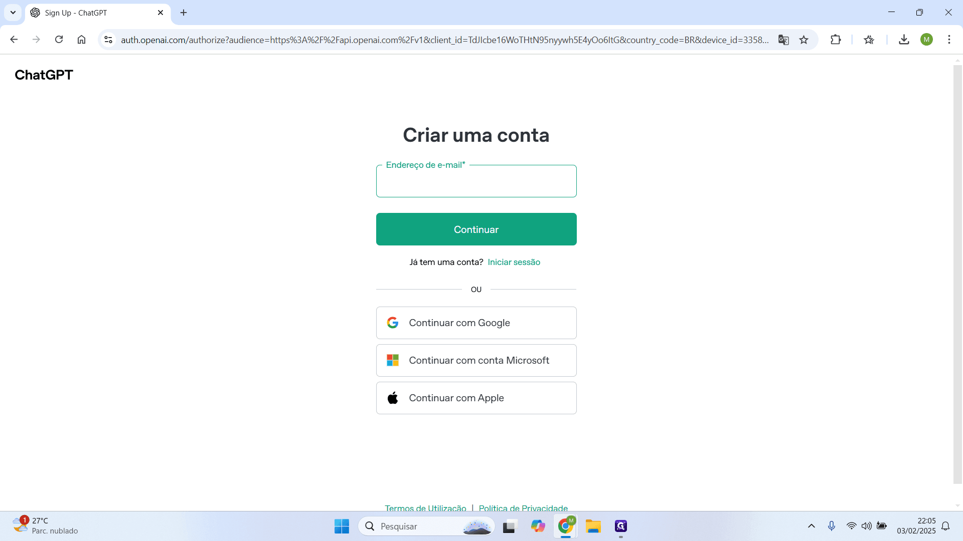 Step #5: Insira o e-mail que você usará para a criação da conta.