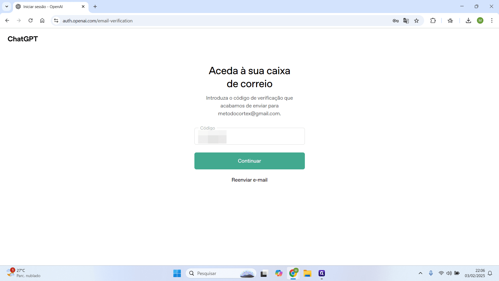 Step #10: Após inserir o código, clique no botão "Continuar".