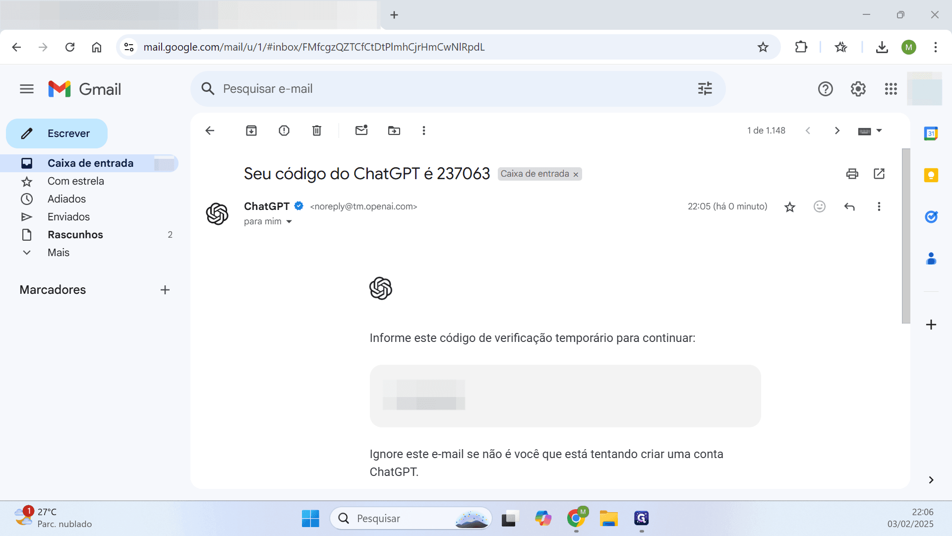 Step #9: Abra o e-mail, copie e insira o código no ChatGPT para concluir a verificação.