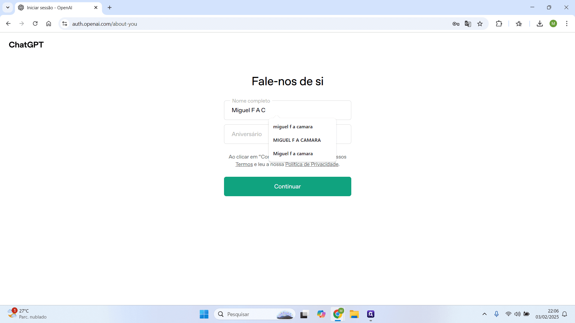 Step #11: Superada a etapa de verificação do e-mail, será preciso preencher duas informações básicas: Nome completo e Data de nascimento.