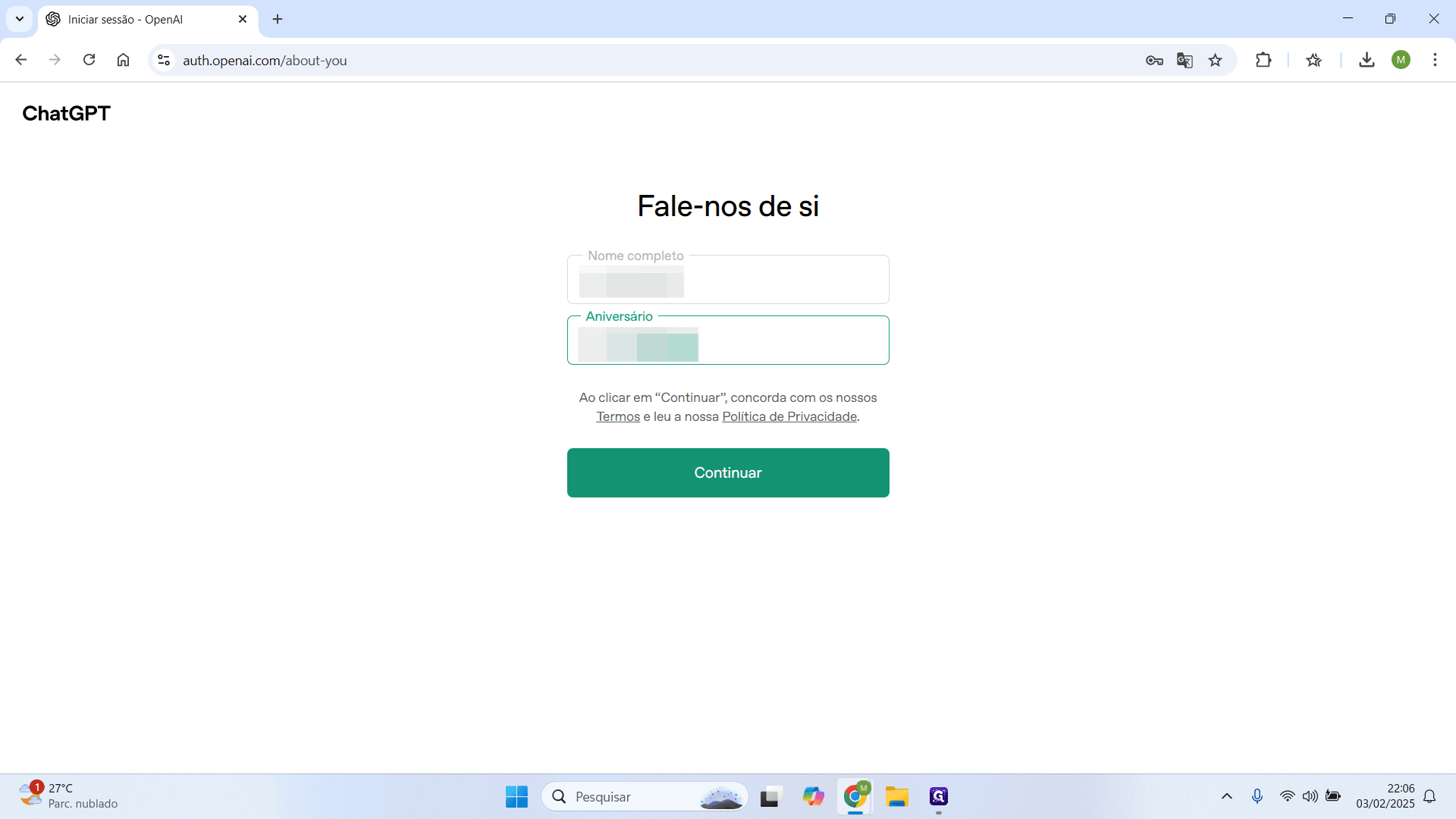 Step #12: Preencha com o seu nome completo ou suas iniciais e insira uma data de aniversário. Depois, clique em "Continuar".