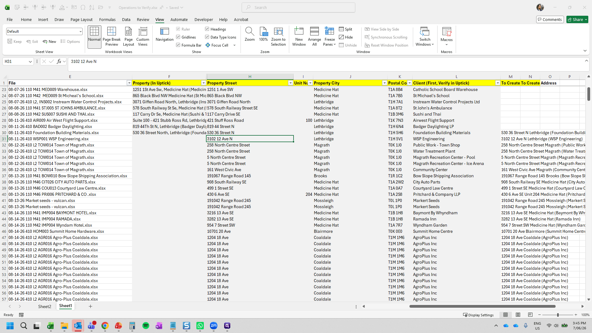 Step #1: Open the Operations to Verify spreadsheet and locate the property data provided by the Operations team in columns H through L.