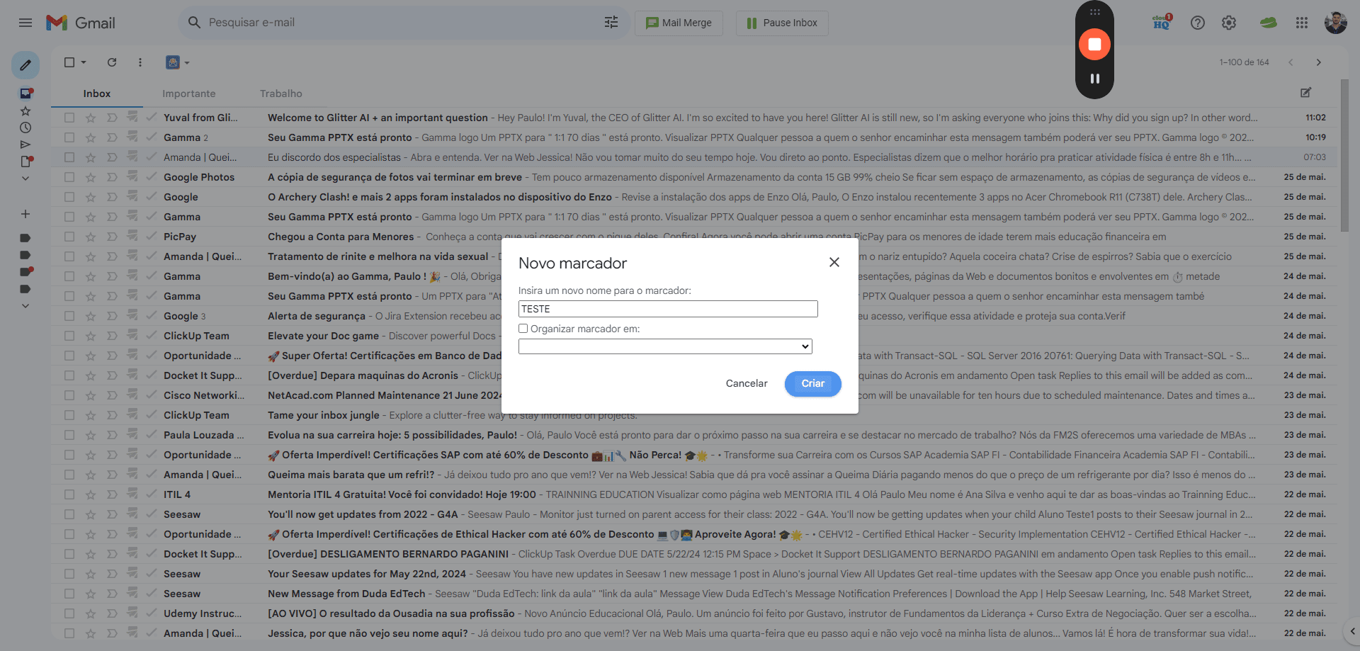 Step #3: Click em inserir novo nome para o marcador