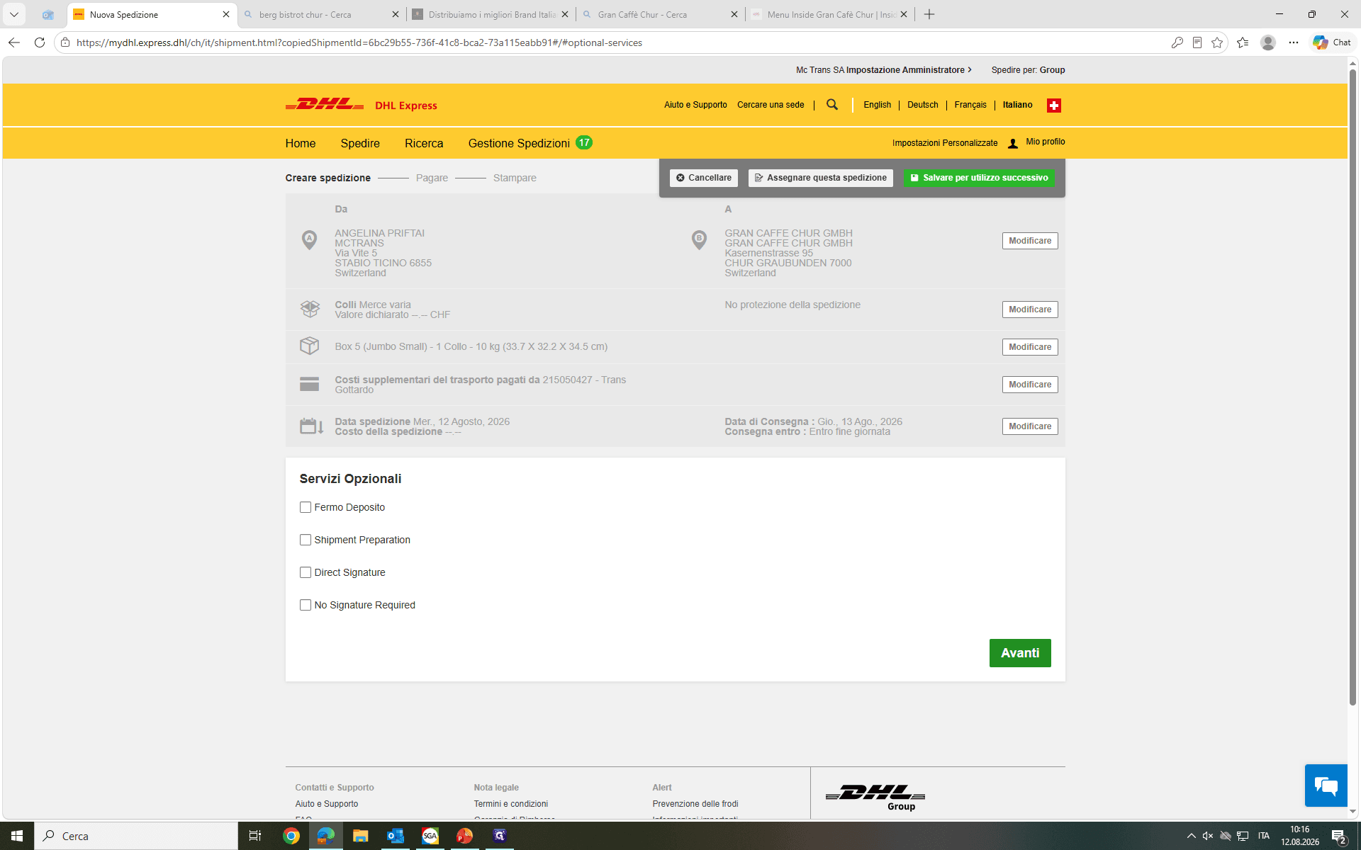 Step #8: Seleziona le caselle relative a eventuali servizi opzionali necessari, come il Fermo Deposito o la preparazione specifica della spedizione, e prosegui cliccando su Avanti.