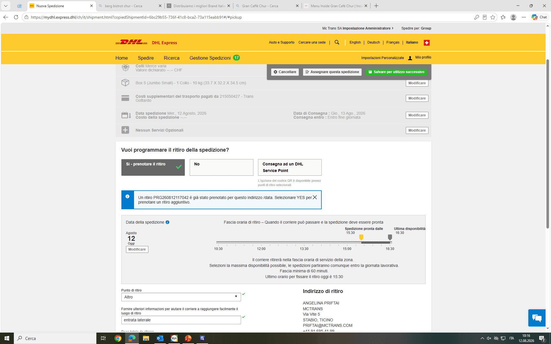 Step #9: Specifica l'orario di ultima disponibilità entro il quale il corriere può passare per effettuare il ritiro.