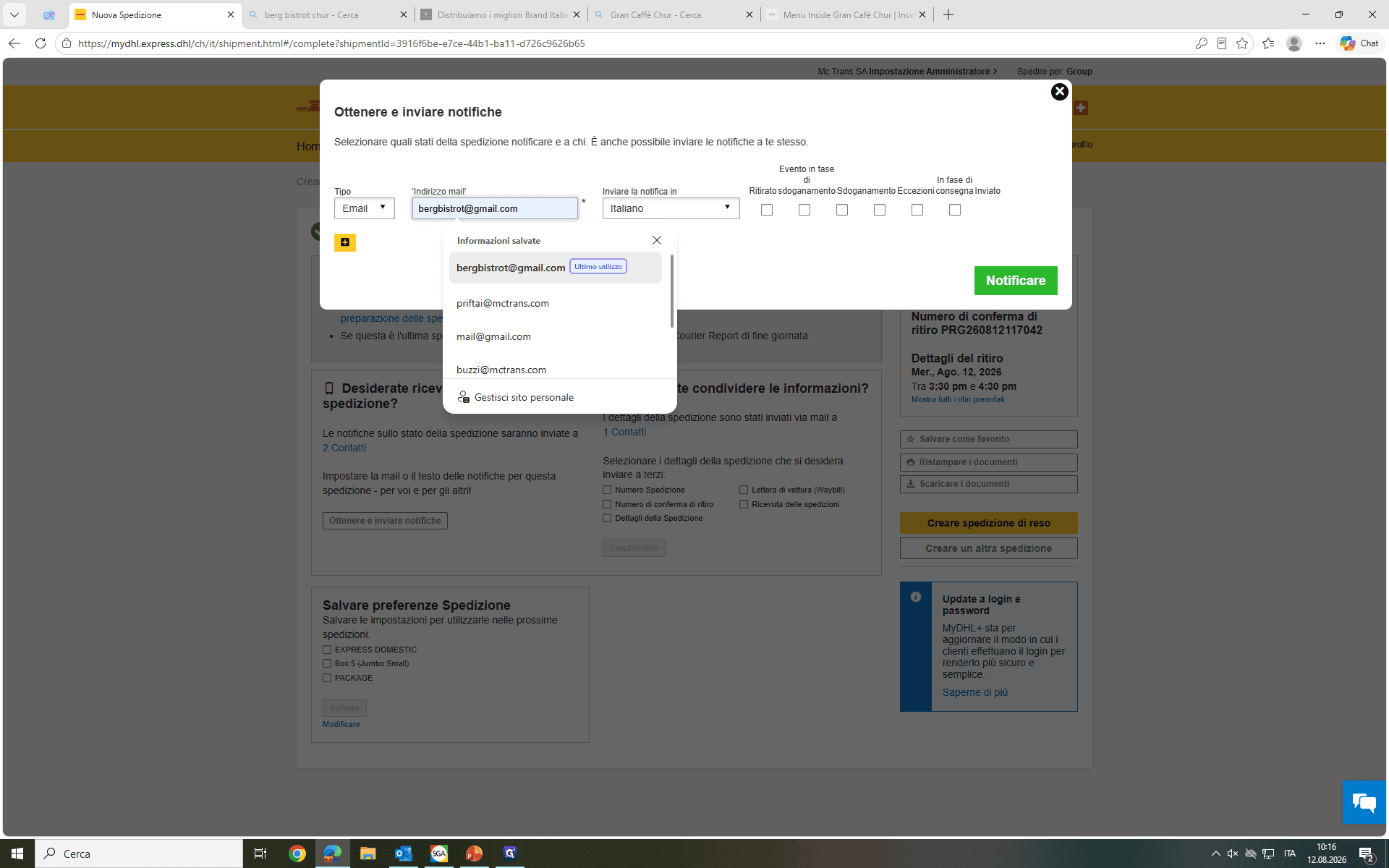 Step #17: Seleziona o digita il primo indirizzo email a cui inviare gli aggiornamenti di spedizione.