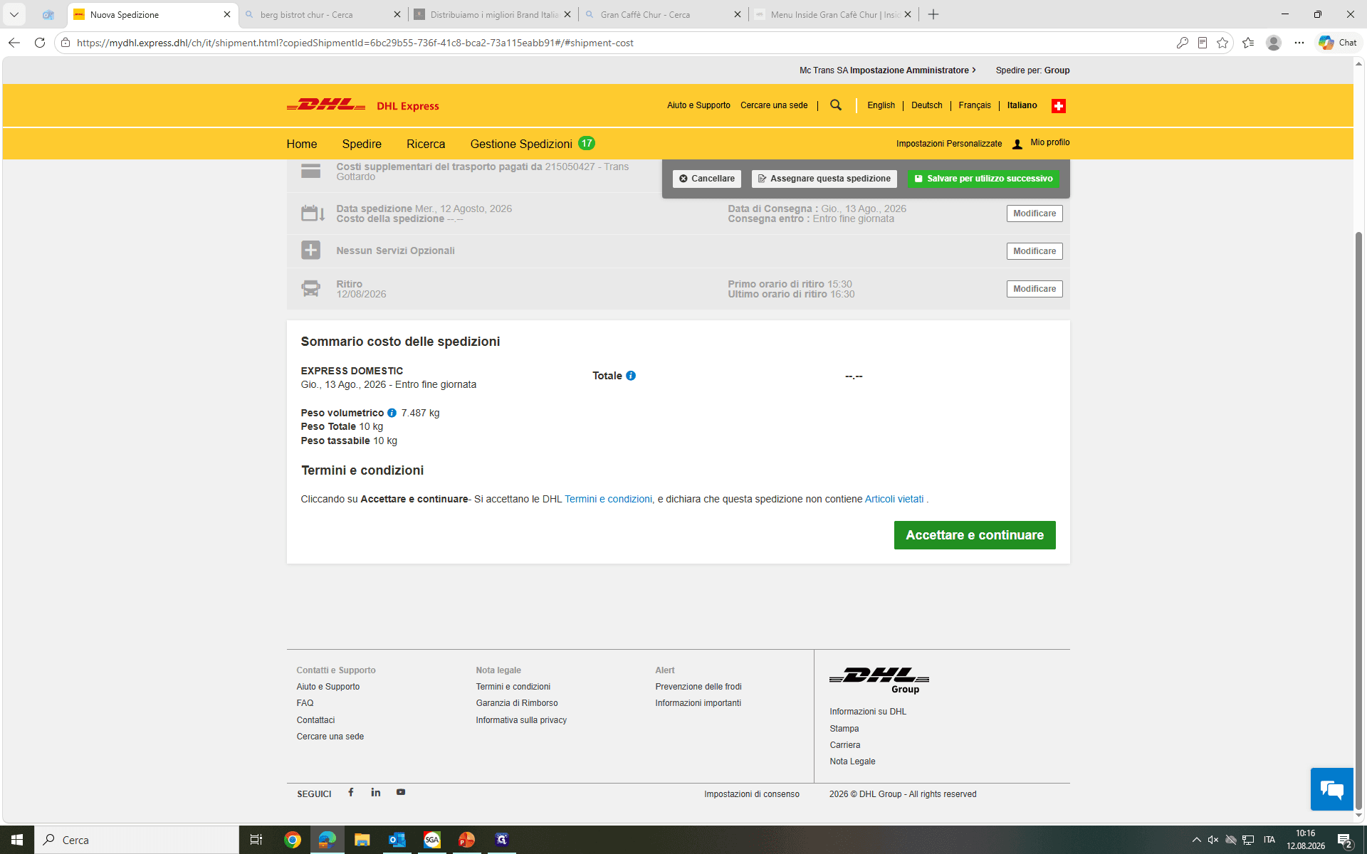 Step #12: Controlla attentamente il riepilogo dei costi e dei dati inseriti, dopodiché fai clic su Accettare e continuare in fondo alla pagina per ufficializzare e processare la spedizione.
