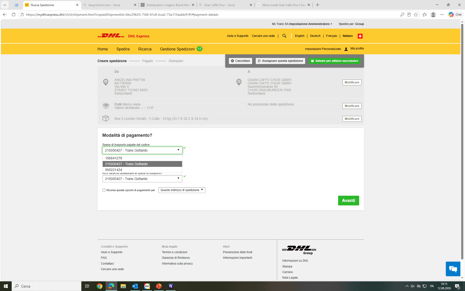 Step #5: Dal menu a tendina, seleziona il codice cliente a cui addebitare le spese di trasporto della spedizione.