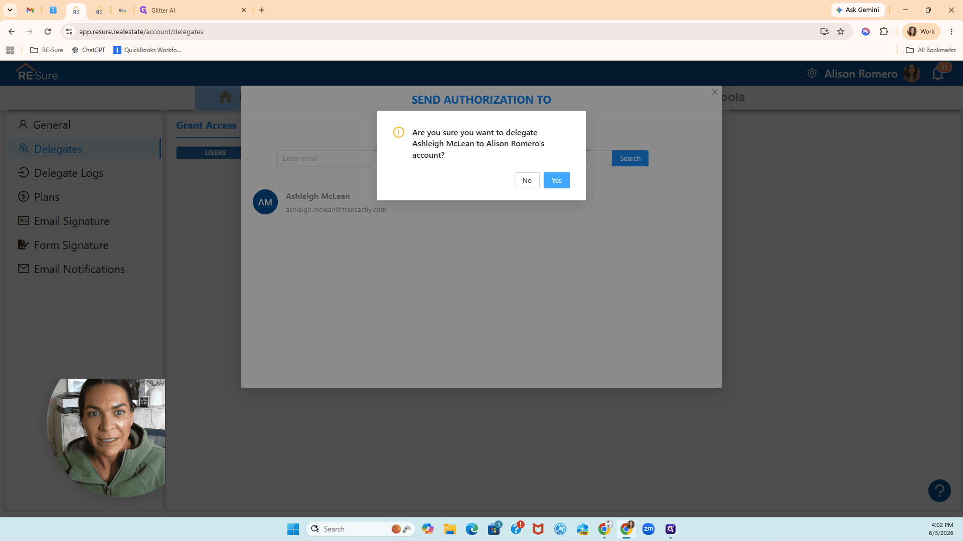 Step #10: Click Yes to confirm the delegation of access.
