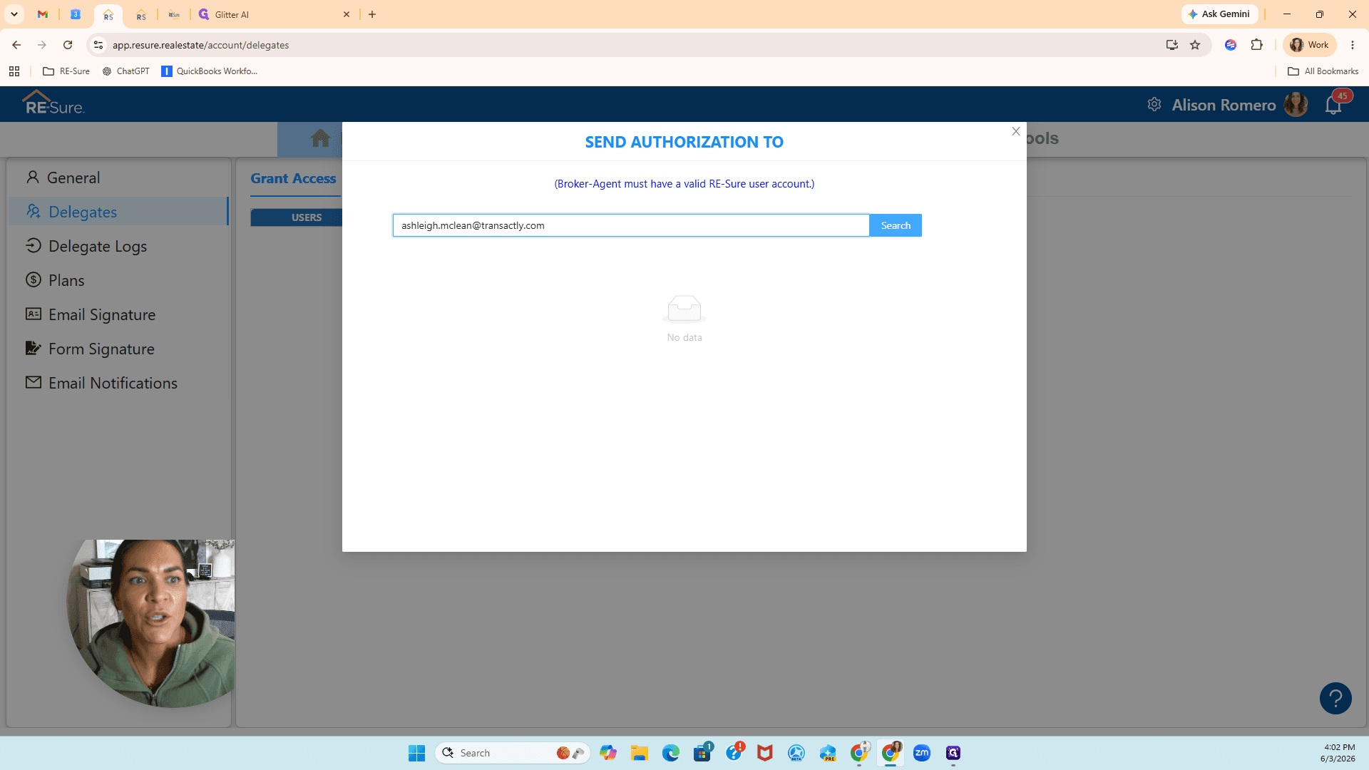 Step #7: Enter the delegate's email address into the search field and click Search.
