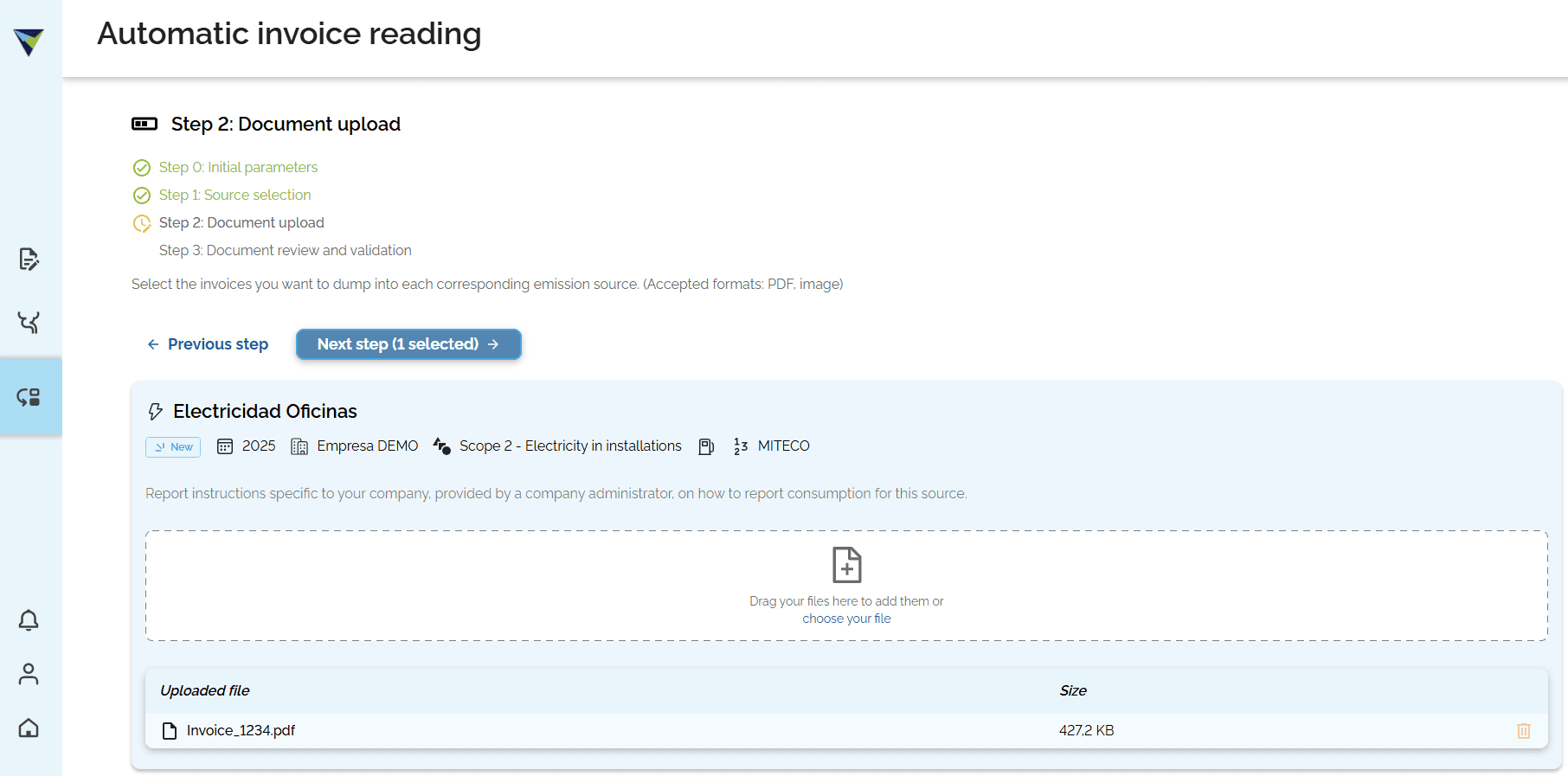 Step #7: Click "choose your file" to select the invoices you want to read. Choose the invoice and click "Next step" to continue.