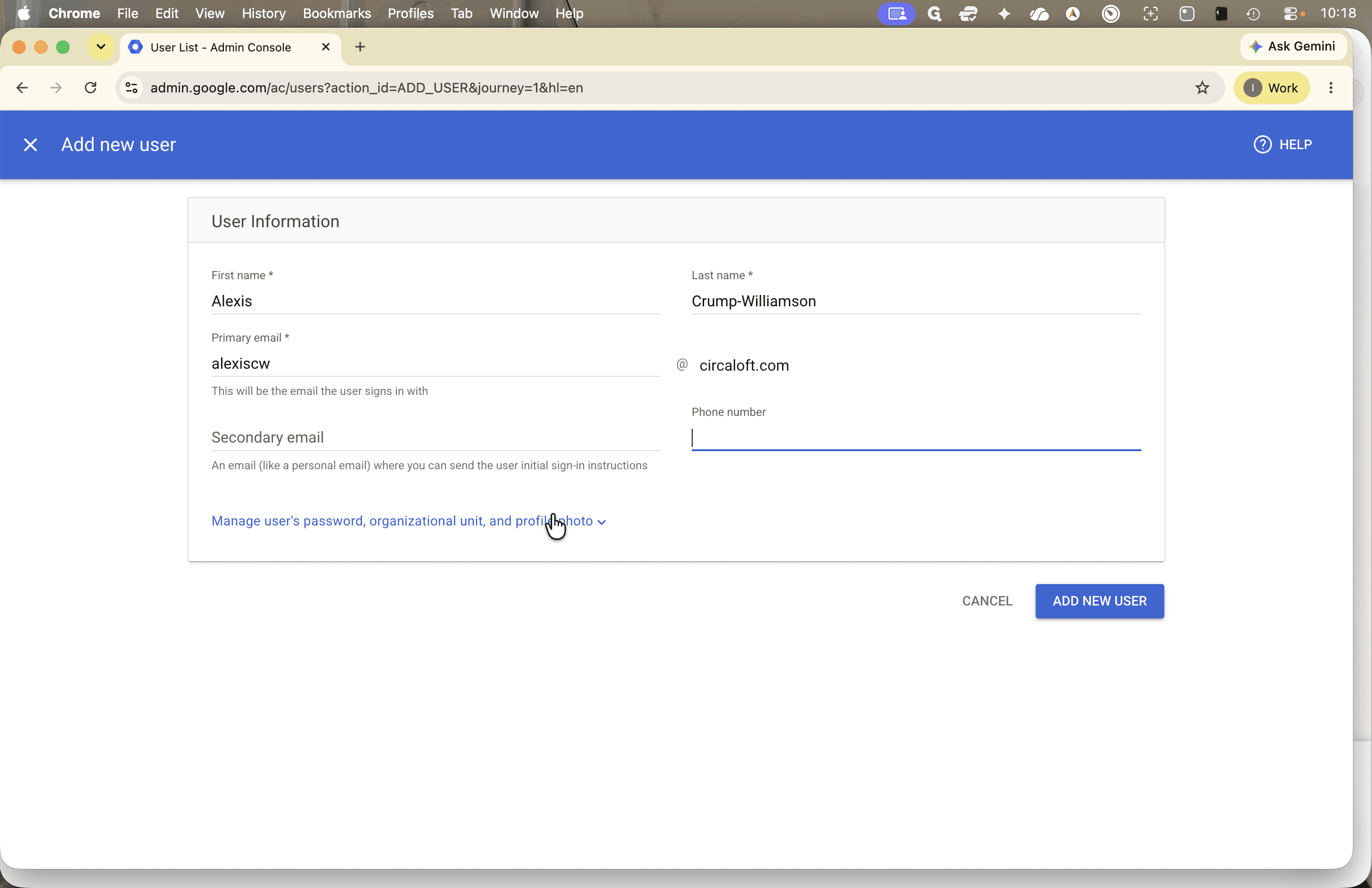 Step #4: Click Manage user's password, organizational unit, and profile photo to expand additional settings.