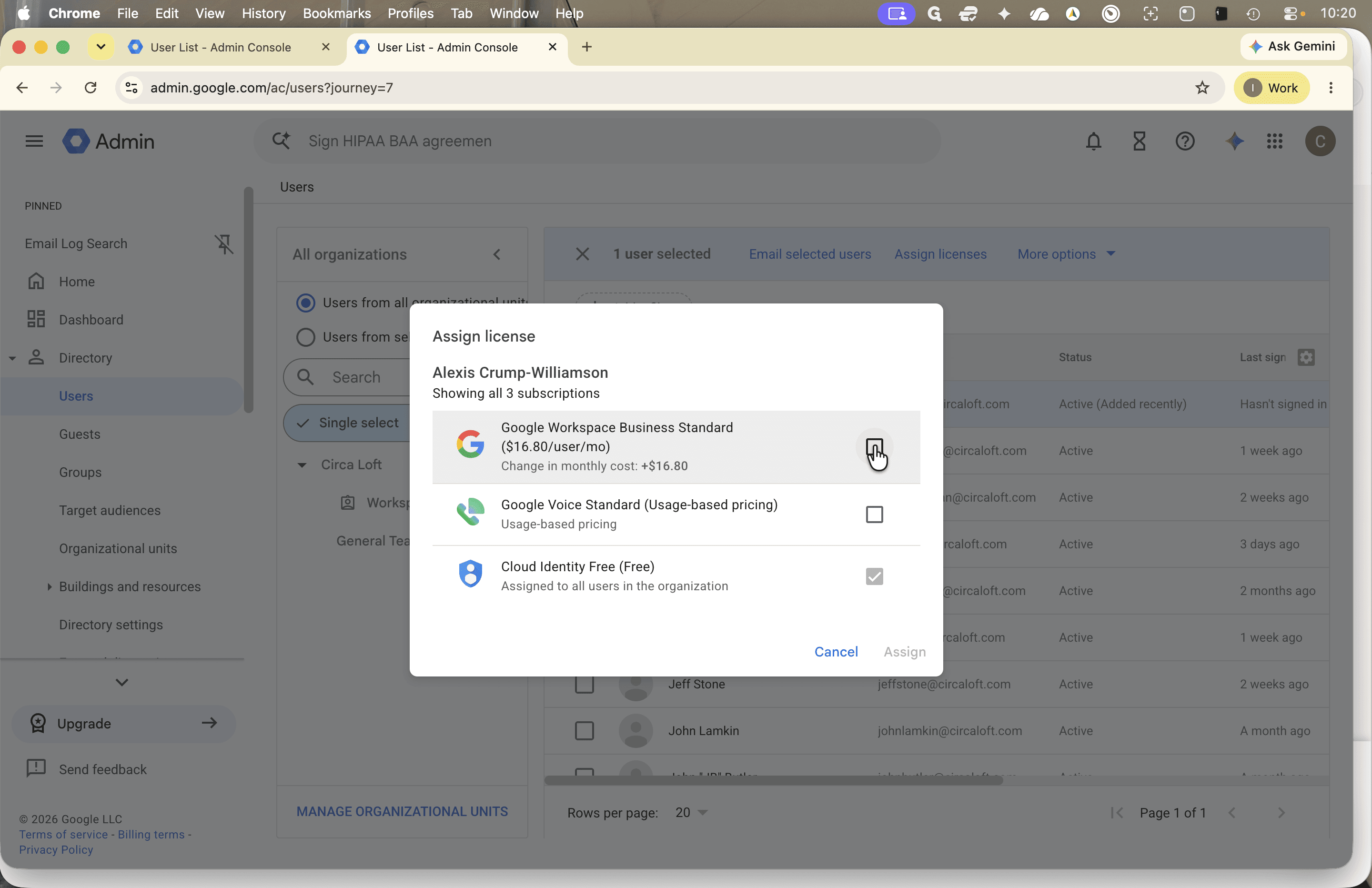 Step #14: Select the checkbox for Google Workspace Business Standard in the dialog, then click Assign.
