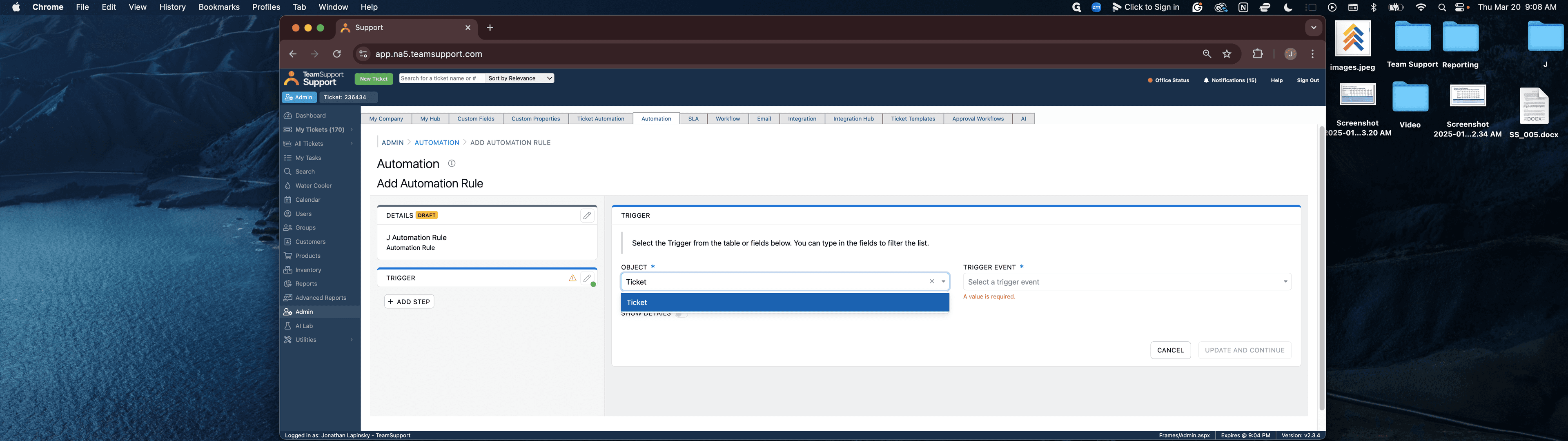 Step #8: Select the Ticket Object.