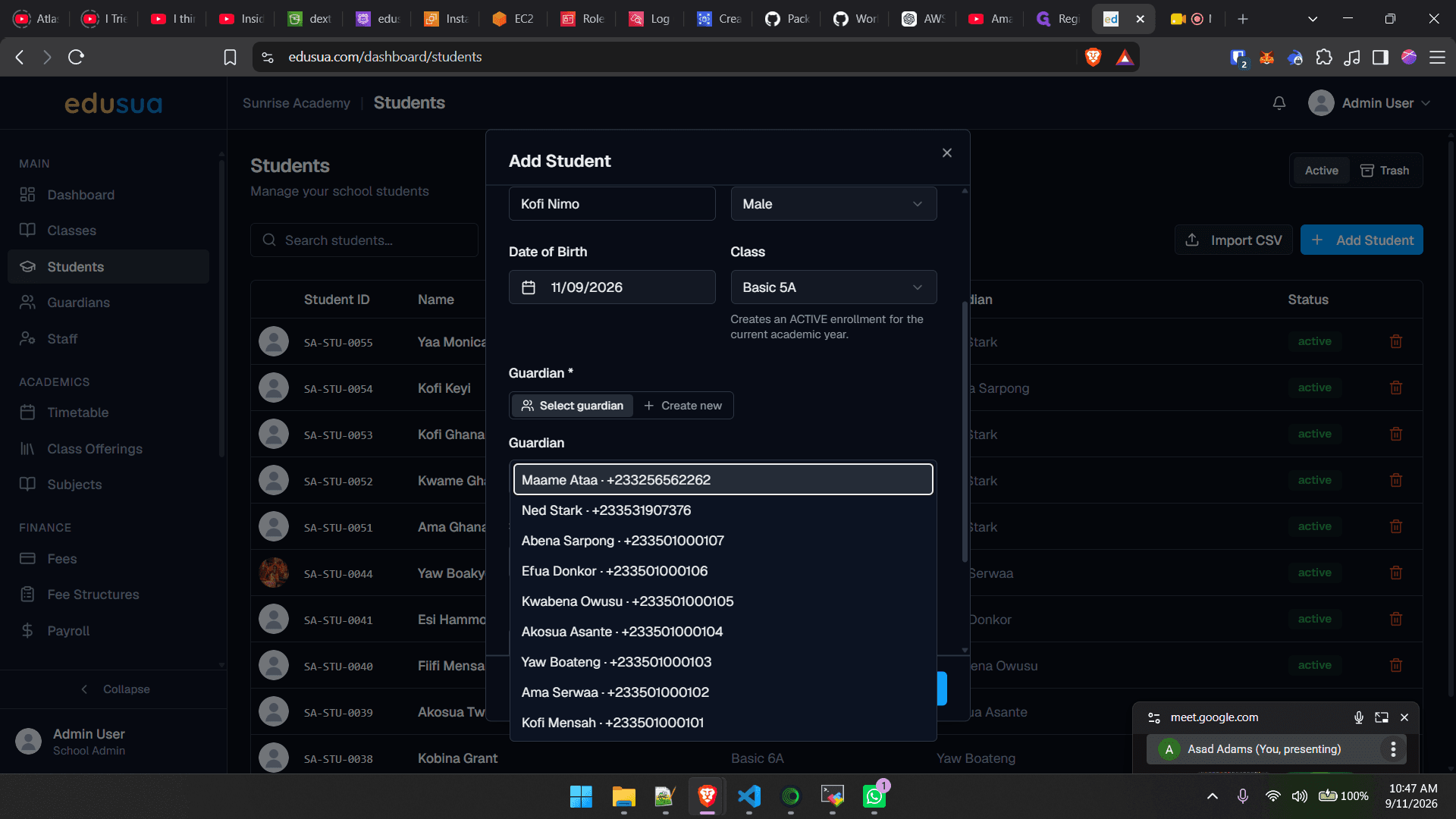 Step #10: Select the corresponding guardian from the list (e.g., Maame Ataa - +233256562262).