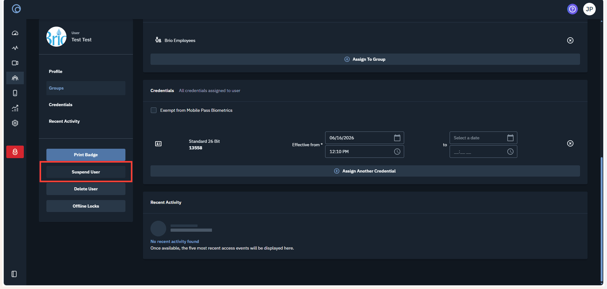 Step #4: Click Suspend User in the left sidebar menu.