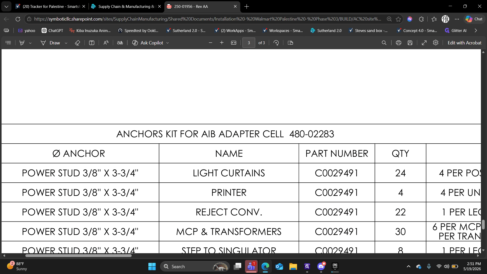 Step #7: Highlight the required kit name or part number (e.g., ANCHORS KIT FOR AIB ADAPTER CELL 480-02283) from the document's header or parts table to copy it for your records.