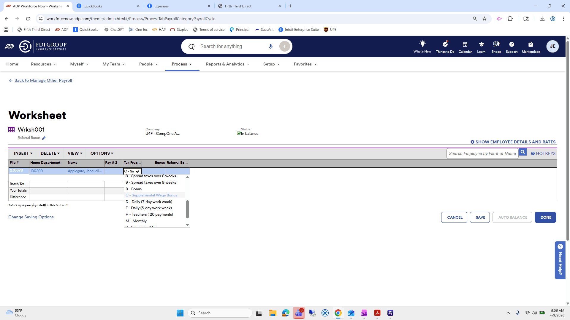 Step #52: Click on "C - Supplemental Wage Bonus"