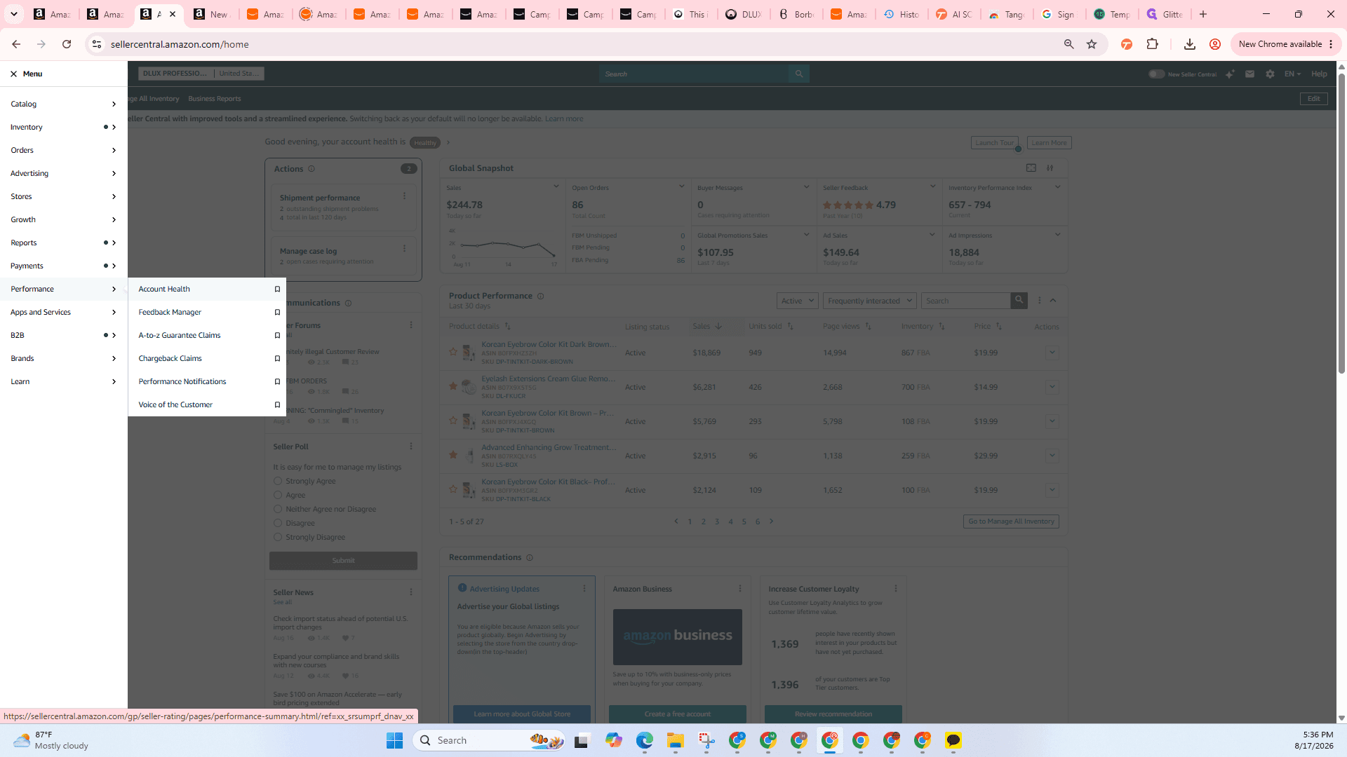 Step #2: Expand the Performance menu and click Account Health to view your overall performance metrics.