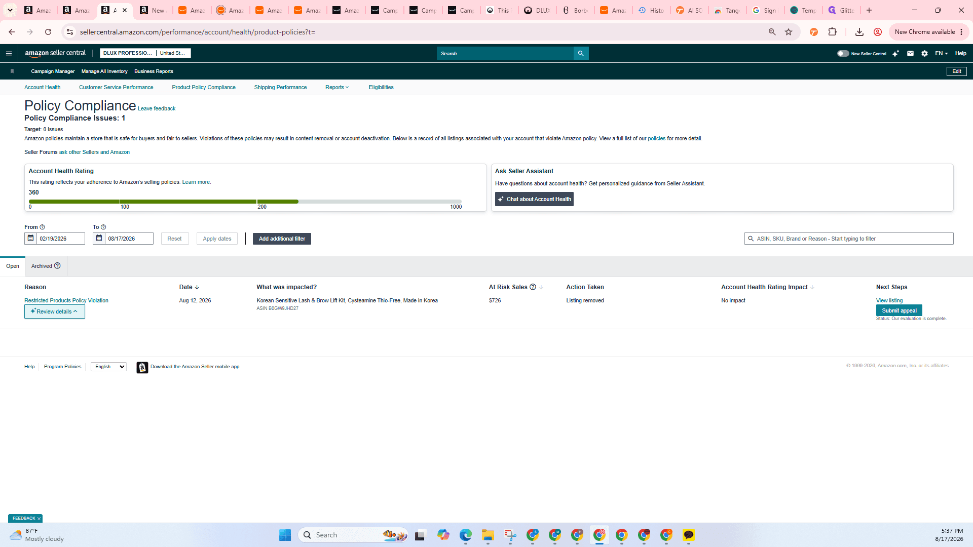 Step #4: Review the details of the violation, including the affected ASIN and the impact on your account health, then click Submit appeal.