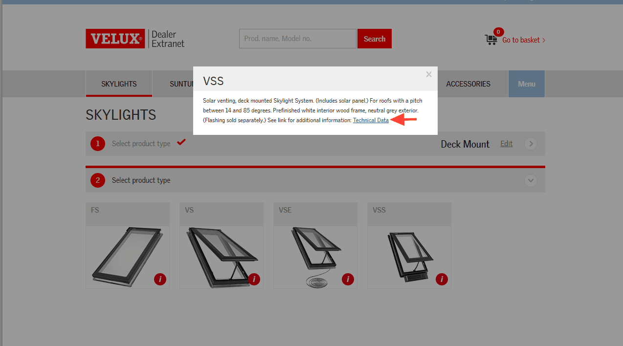 Step #2: Clicking the red circle "i" in the lower right corner will display product information, and in model view, will provide a link to technical data including installation instructions, product testing data, and more.