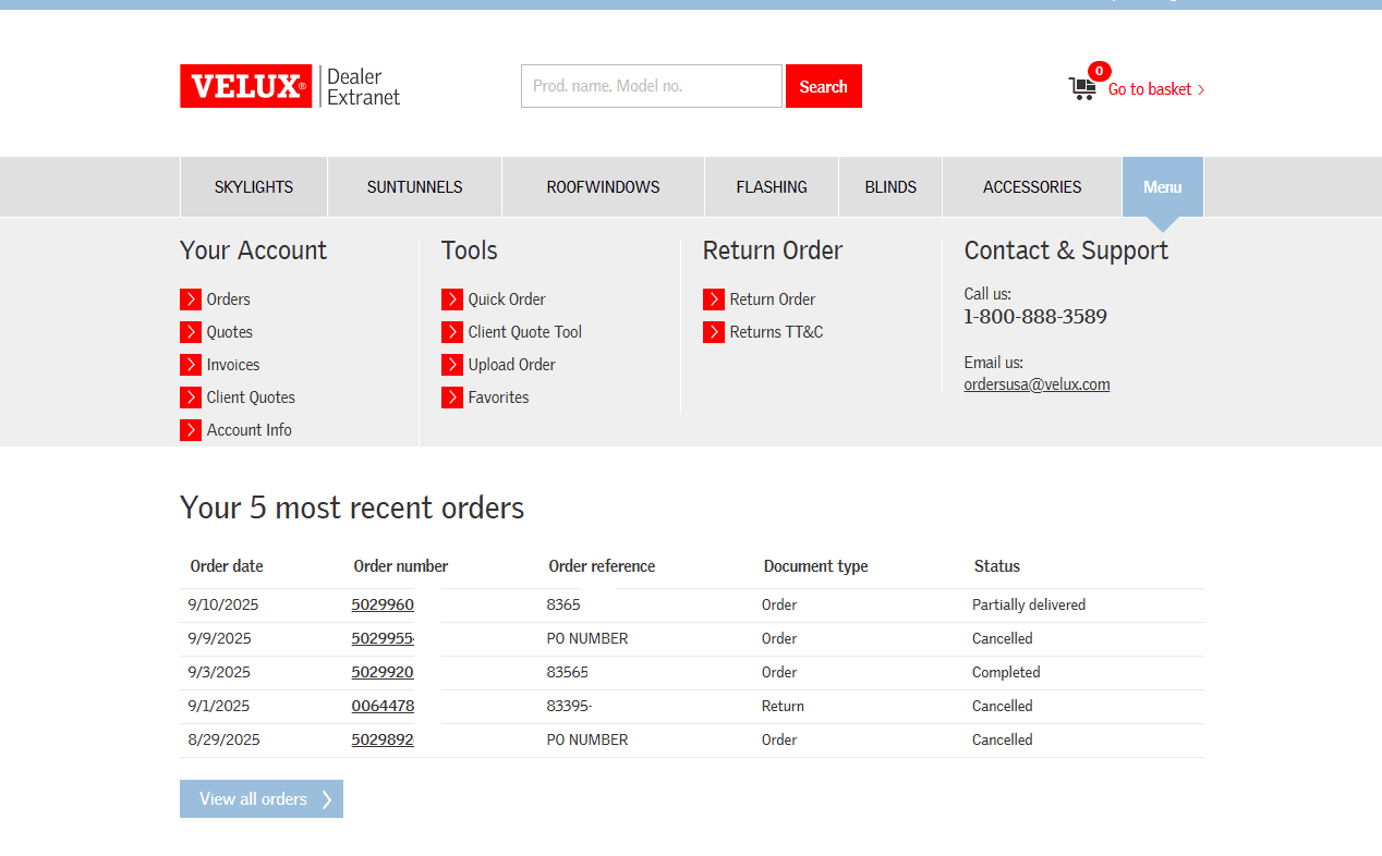Step #1: From the homepage, click the applicable Products tab to view your requested VELUX offering.