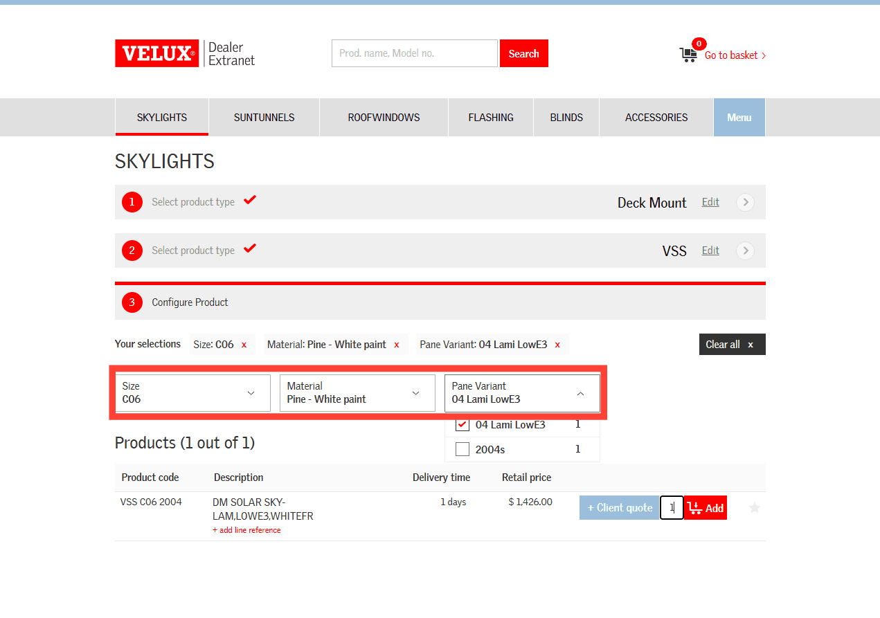Step #5: Select the skylight from the dropdown options, or configure by choosing the size, material (interior finish), and pane variant (glass type). Once your product displays you can adjust the quantity if needed and choose + Client Quote or Add to your order basket.