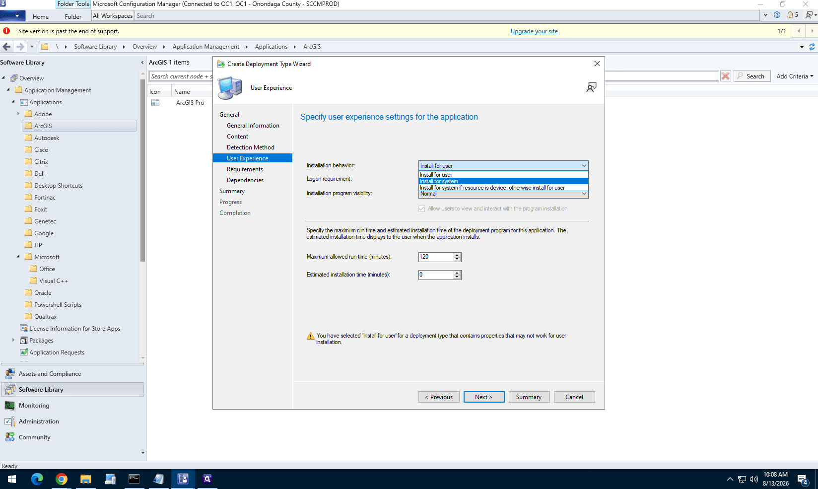Step #26: On the User Experience tab, set the logon requirement to Install for system and the visibility to Hidden.