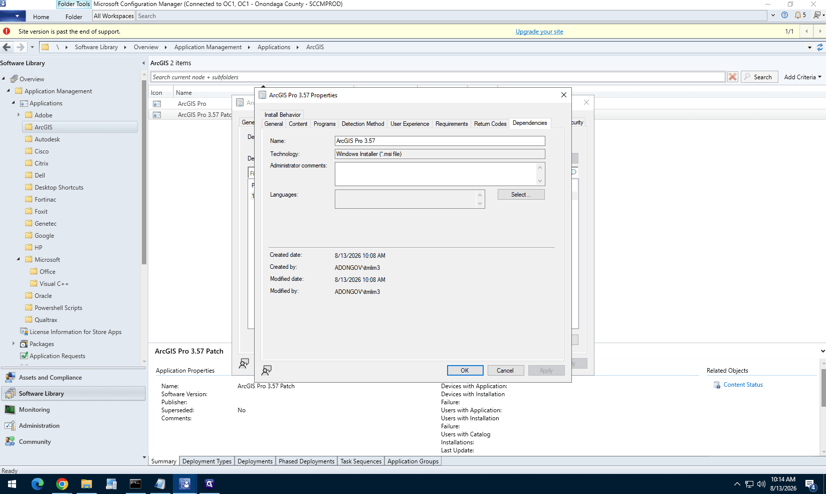 Step #30: Open the properties for the ArcGIS Pro 3.57 Patch deployment type and navigate to the Dependencies tab.