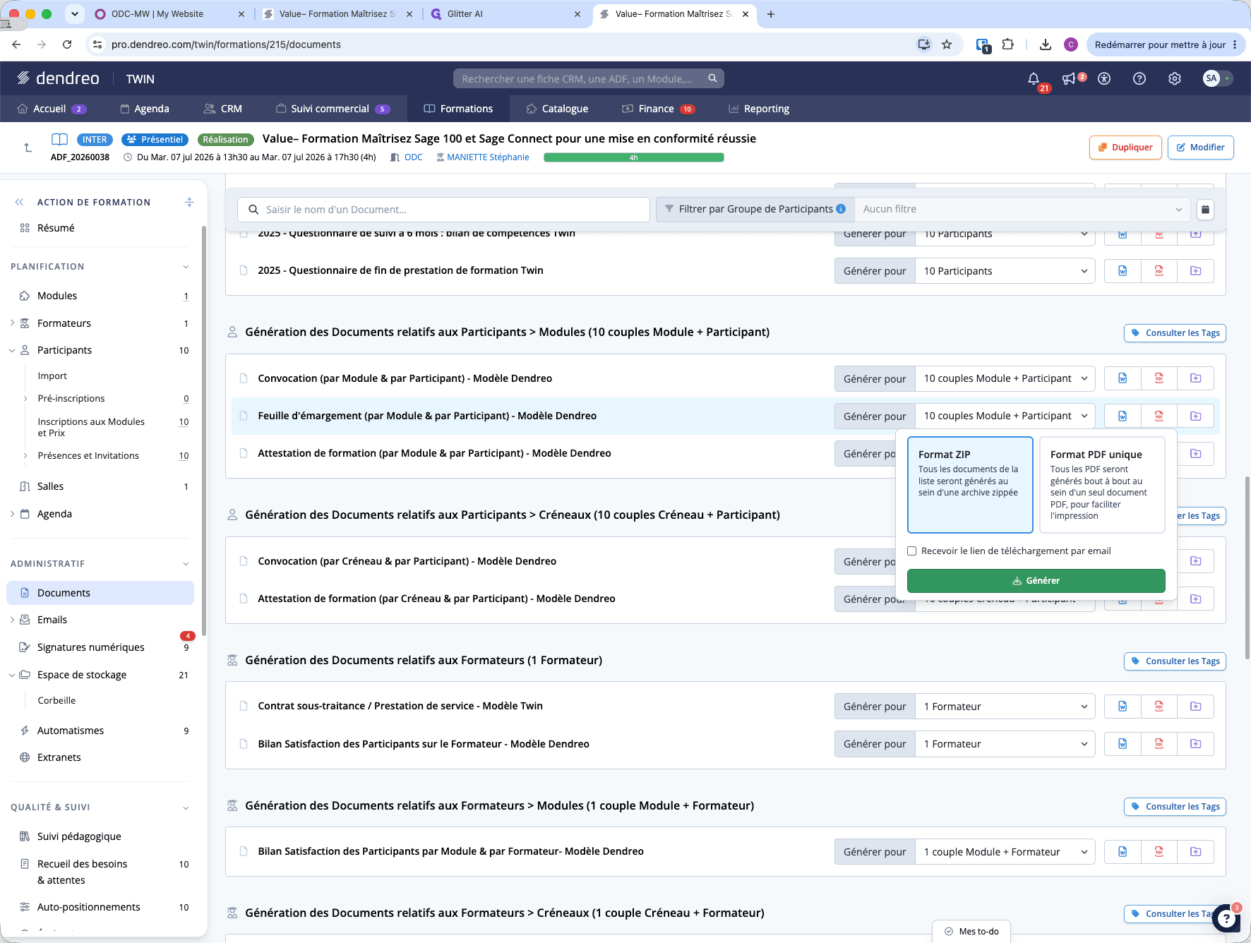 Step #8: Dans la fenêtre pop-up, choisissez le format d'export souhaité (ZIP pour regrouper plusieurs fichiers ou PDF unique) puis cliquez sur Générer.