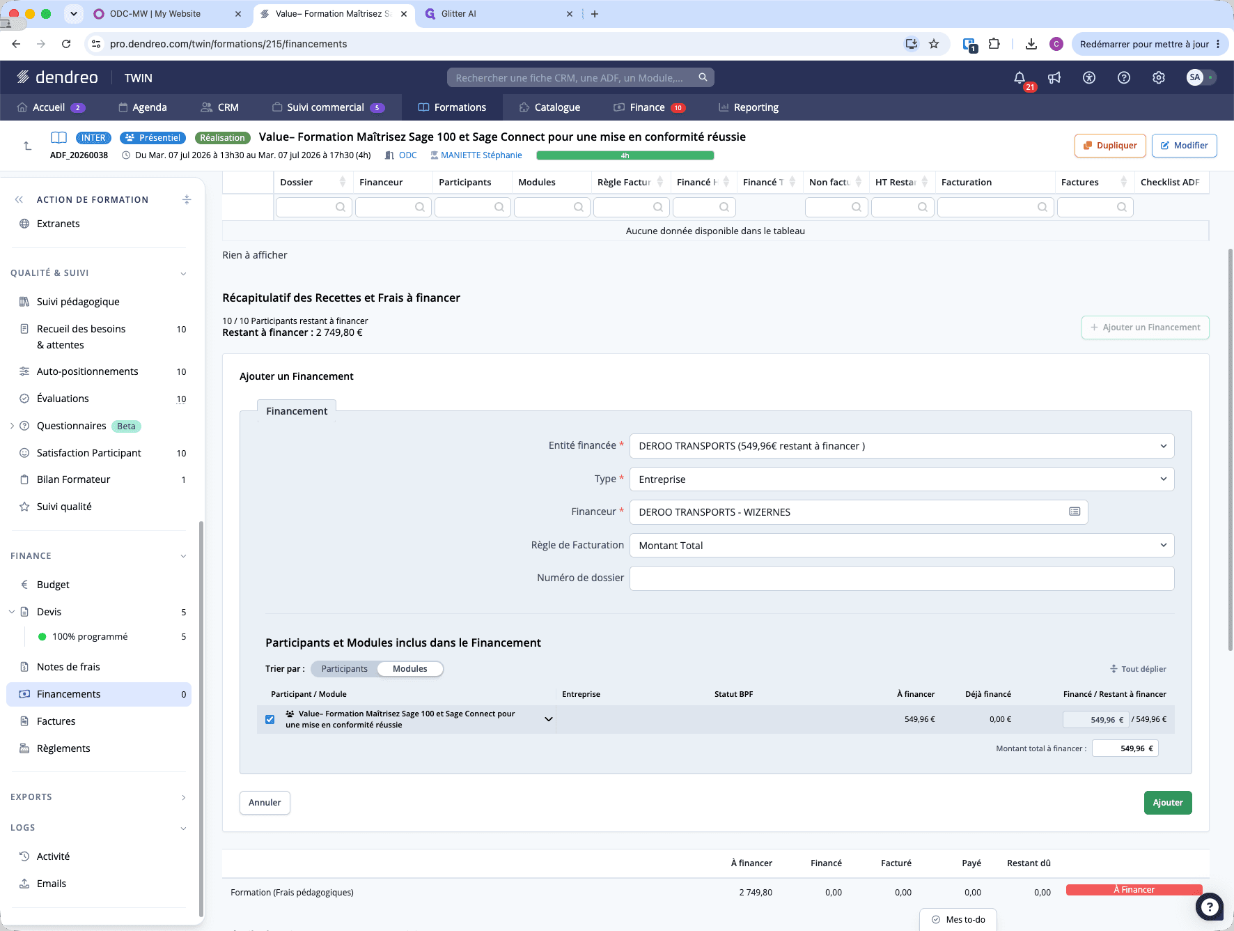 Step #5: Renseignez le formulaire avec les détails de la prise en charge (entité, modules, règles de facturation) puis cliquez sur Ajouter.
