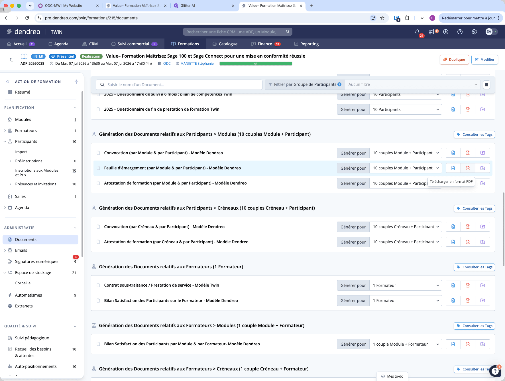 Step #7: Rendez-vous dans la section de gestion documentaire de la formation et cliquez sur l'icône de téléchargement (ex : pour l'Attestation de formation + attestation d'émargement).