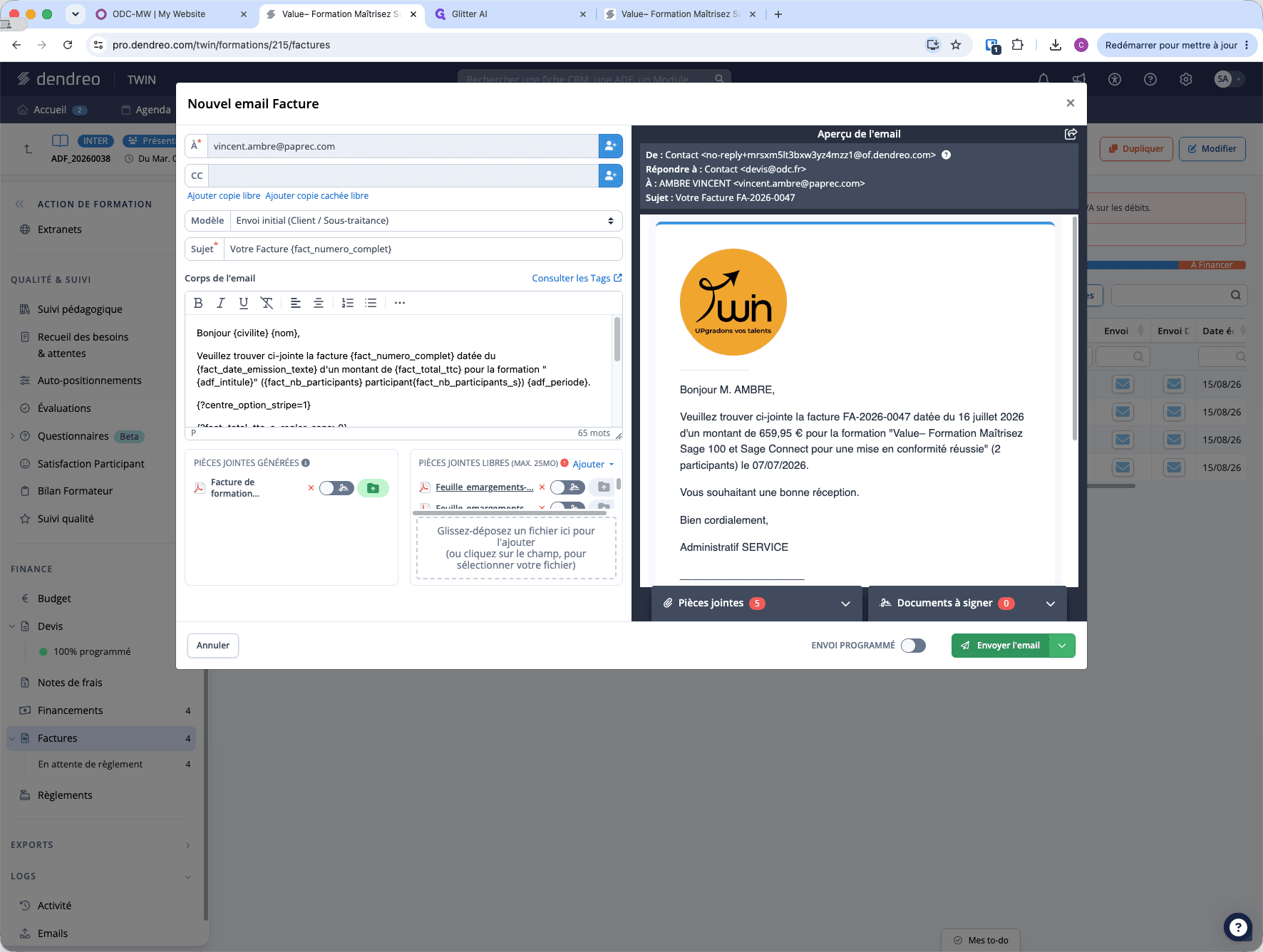 Step #12: Vérifiez les destinataires, le corps de l'email ainsi que la pièce jointe, puis cliquez sur Envoyer l'email en bas à droite de la modale.