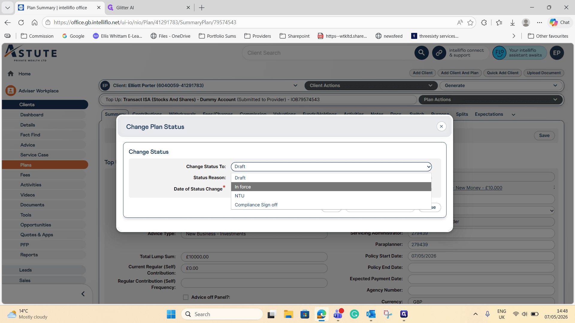 Step #13: Select In force from the new status dropdown options.
