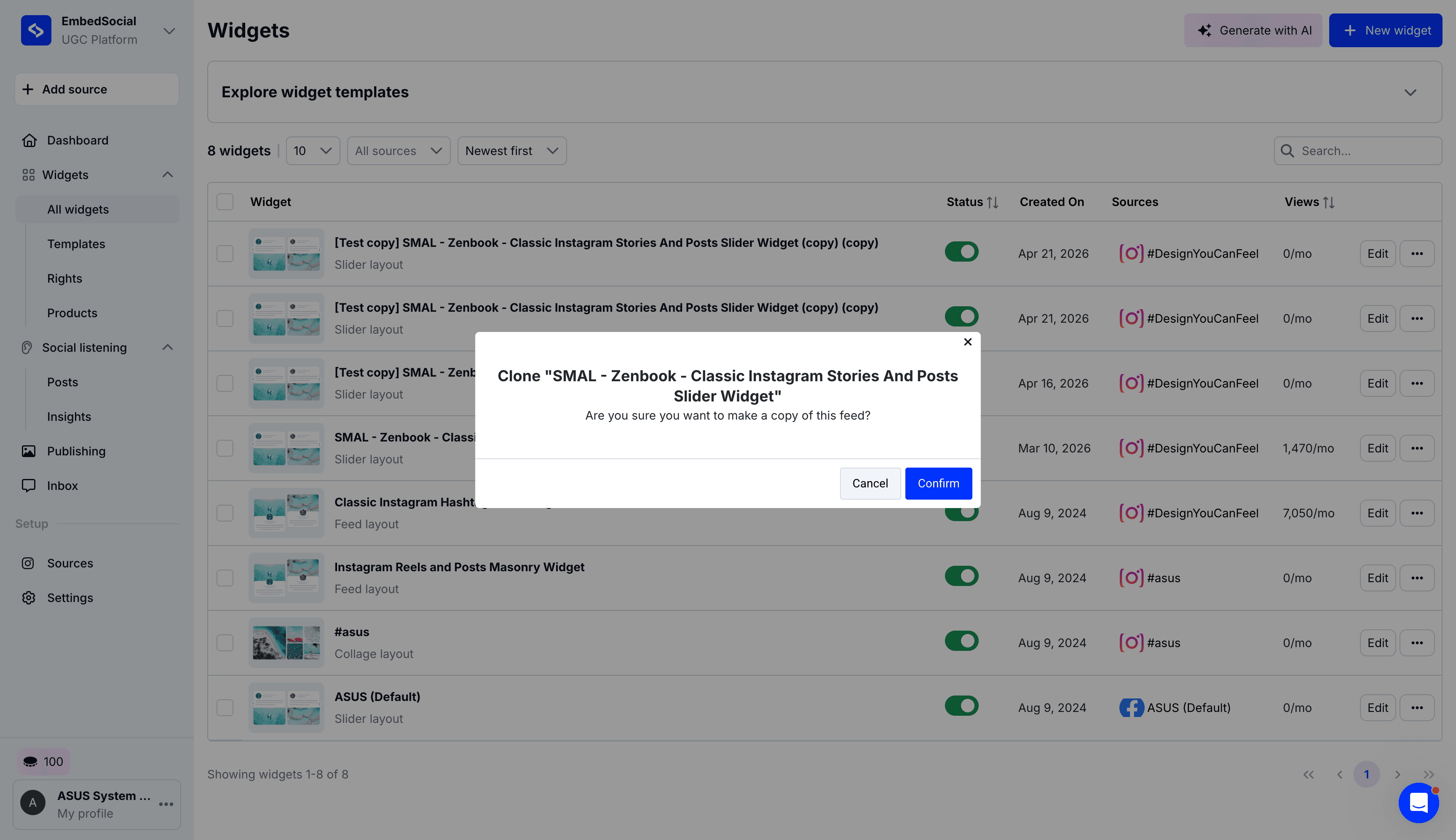 Step #3: Click Confirm on the modal pop-up to finish copying the widget.