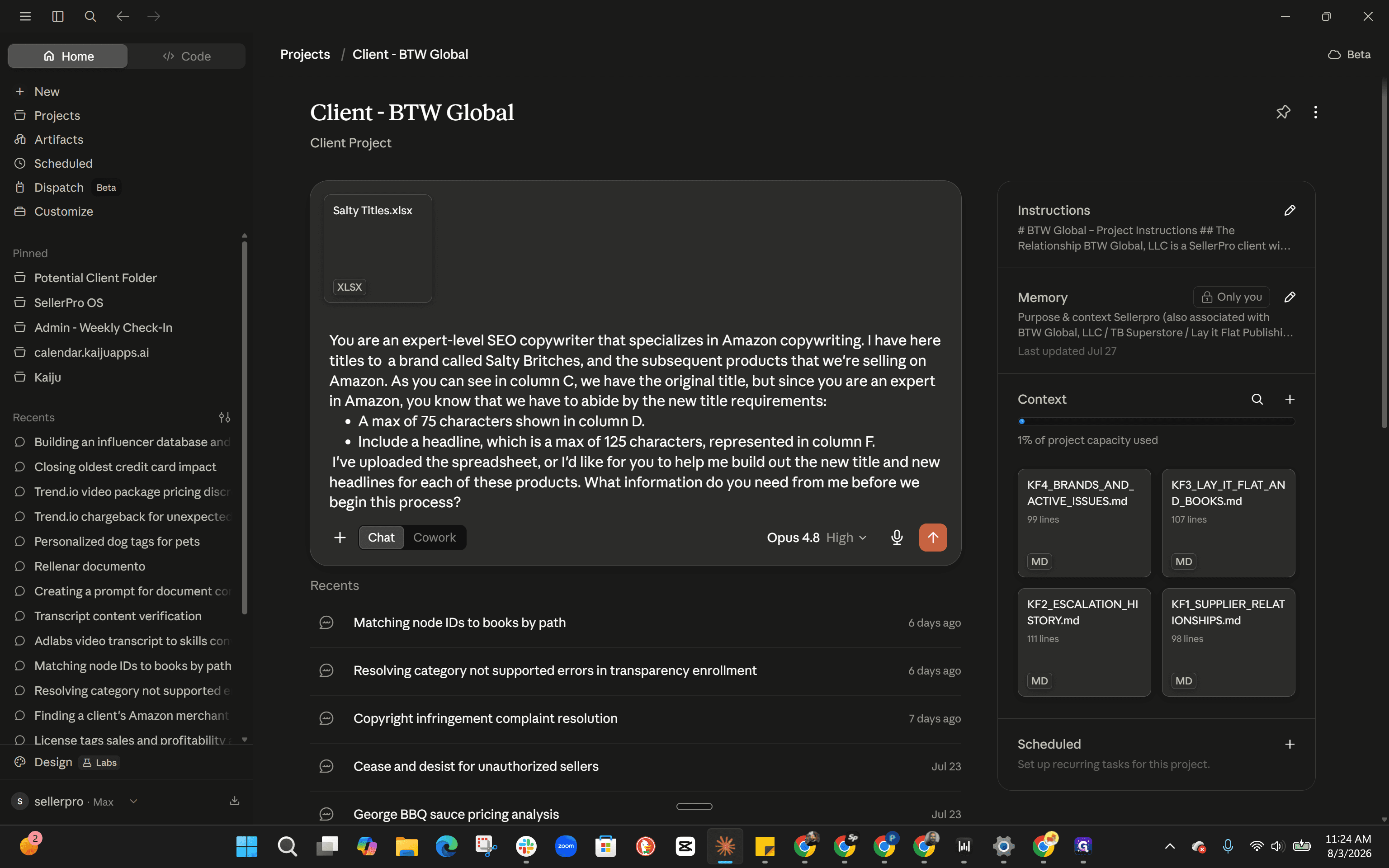 Step #1: Select the chat input to answer the AI's clarifying questions regarding formatting and keyword preferences.