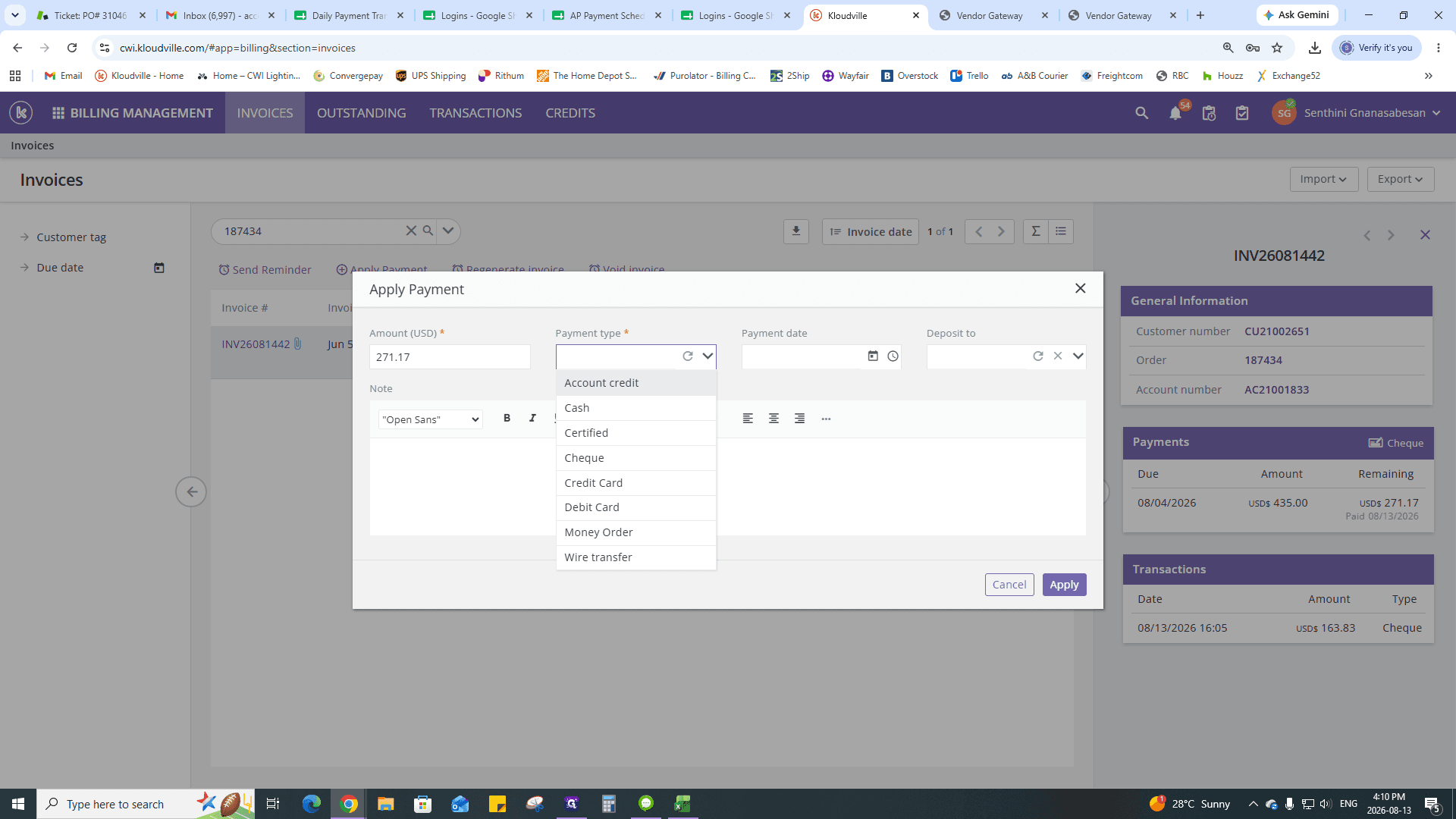 Step #26: Set the Payment type to Account credit.