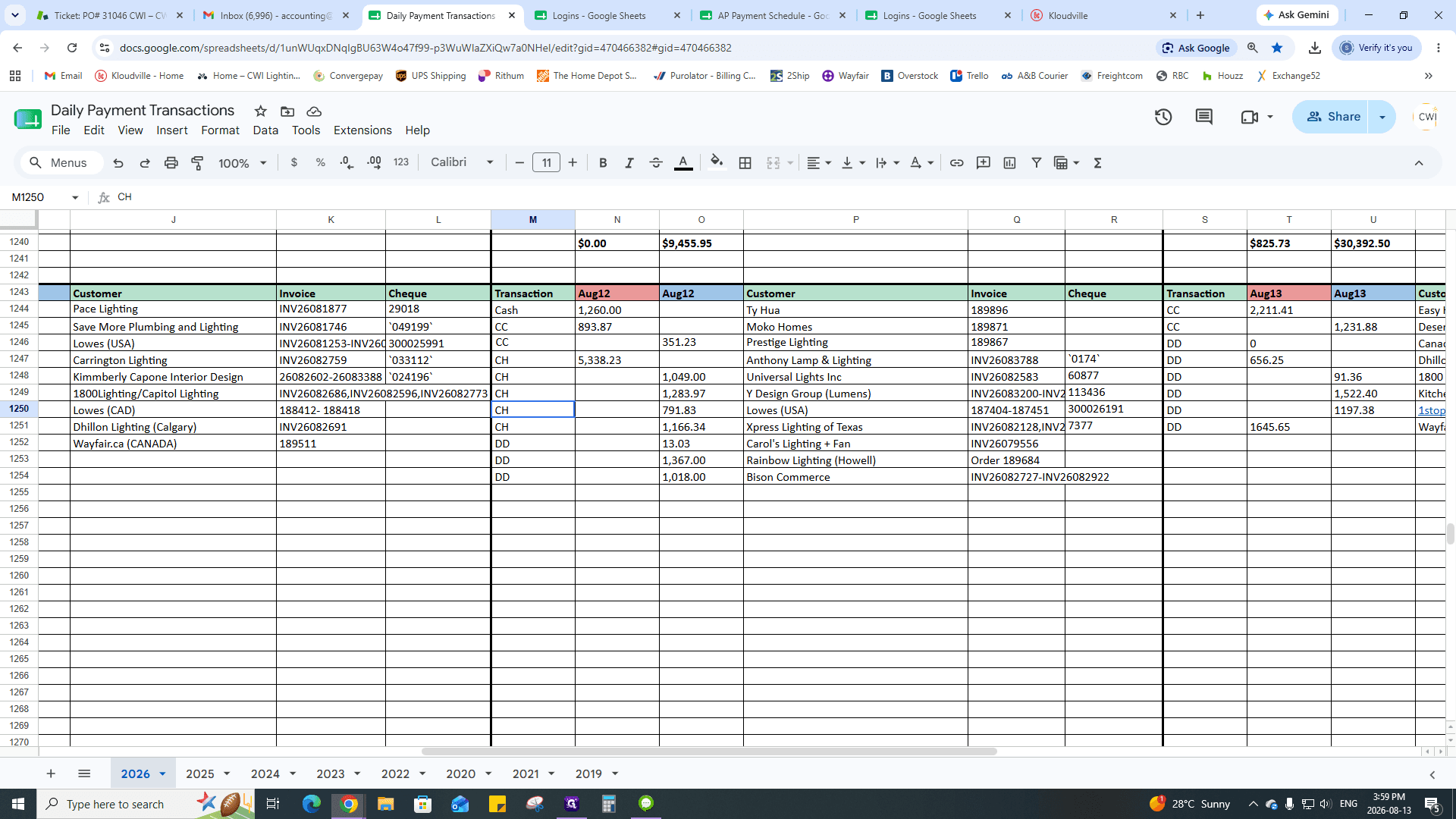 Step #1: Enter the check details, including date, amount, customer name, and associated orders, in the Daily Payment Transactions spreadsheet.