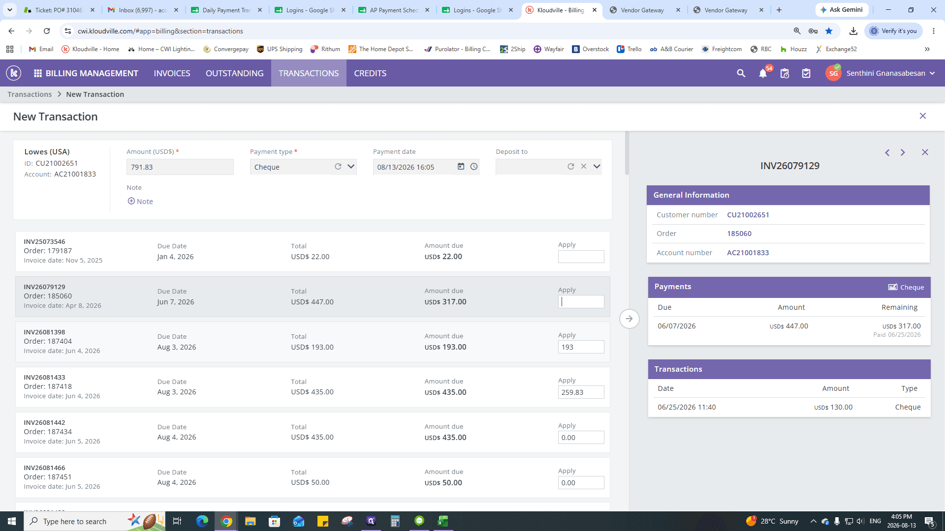 Step #15: Enter the exact check amount received. Kloudville automatically distributes amounts to open invoices, so you must clear these default values.