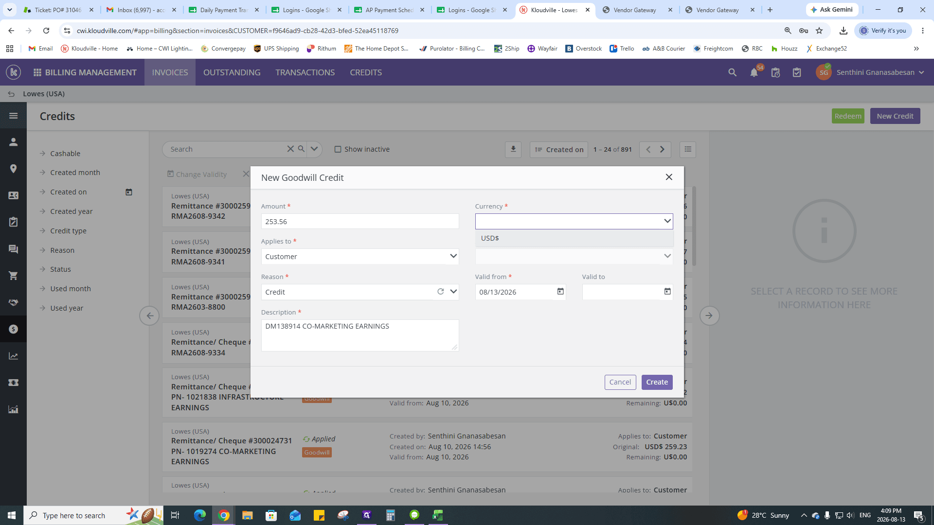 Step #21: Enter the deduction ID and reason (e.g., Co-Marketing Earnings) retrieved from the Lowe's portal into the description field.