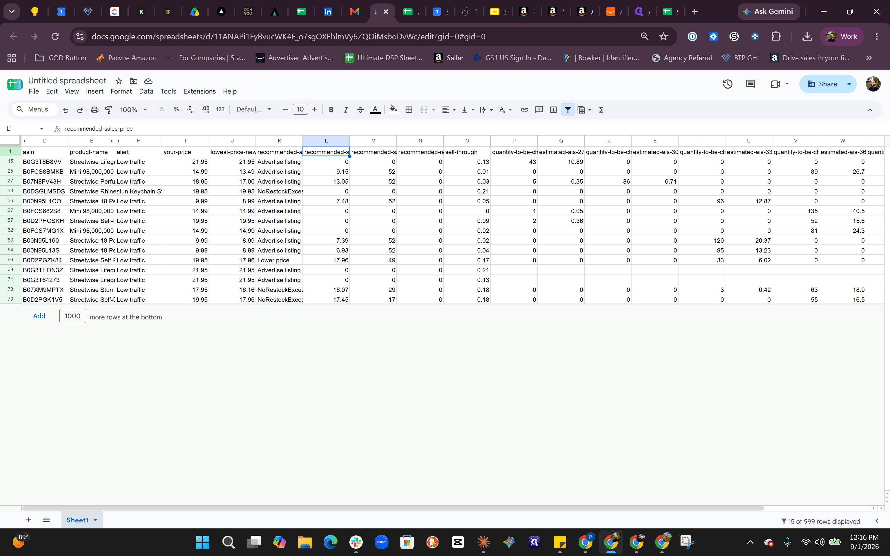 Step #1: Review the cleaned inventory sheet headers, including recommended-sales-price and fee estimations.