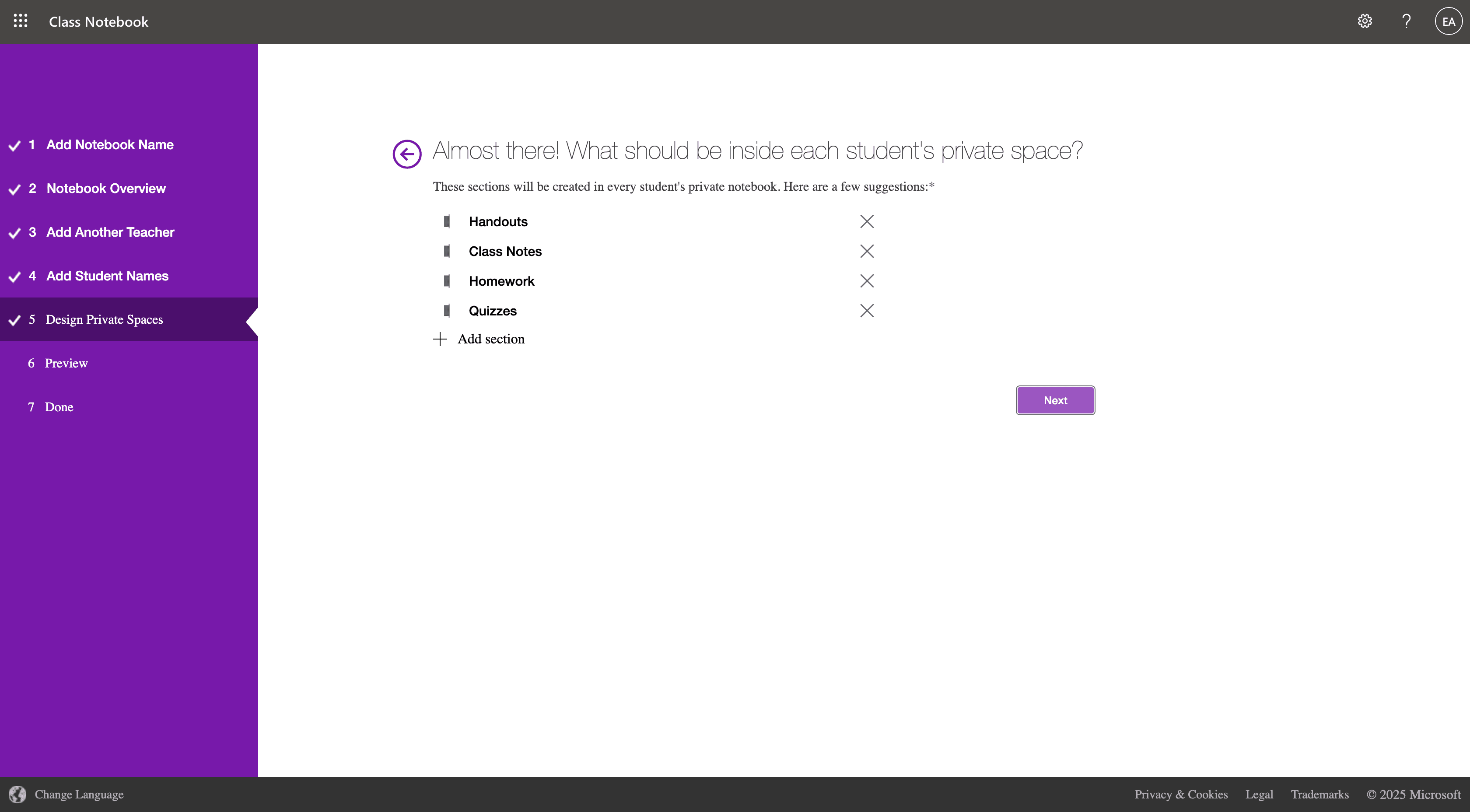 Step #7: Under Design Private Spaces, add or remove sections that your students will see, and then click Next.