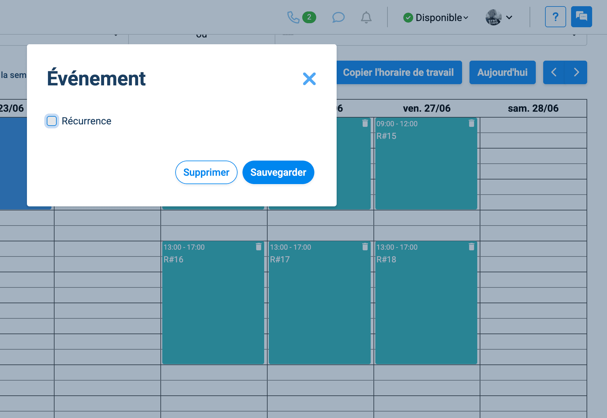 Step #7: Un fenêtre apparaitra et vous demandera si vous voulez ajouter une récurrence à l'horaire de travail, si Oui, sélectionnez récurrence. Si Non, cliquez sur sauvegarder et passer à l'étape #10