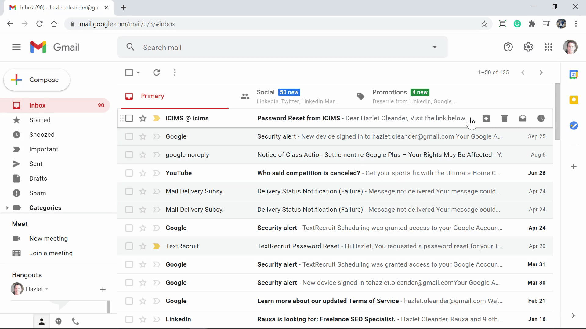 Step #12: Click the email from 'ICIMS @ icims' with the subject 'Password Reset from ICIMS' in your inbox.