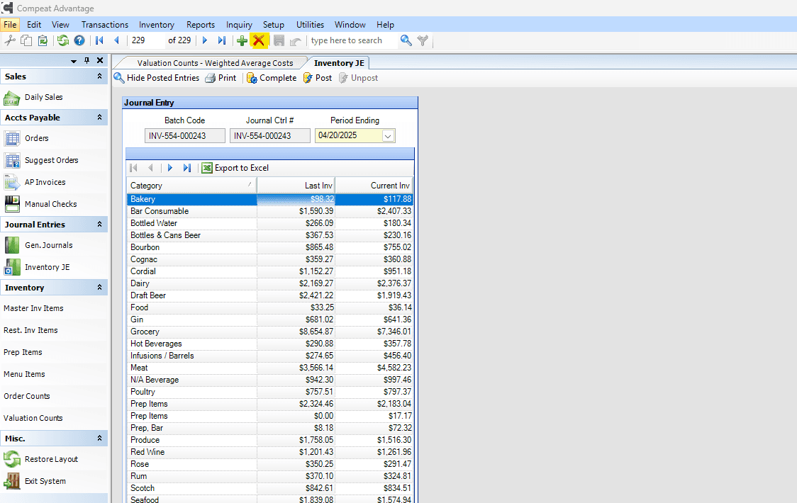 Step #19: Open the Inventory JE screen and click the red "X" to delete the JE.